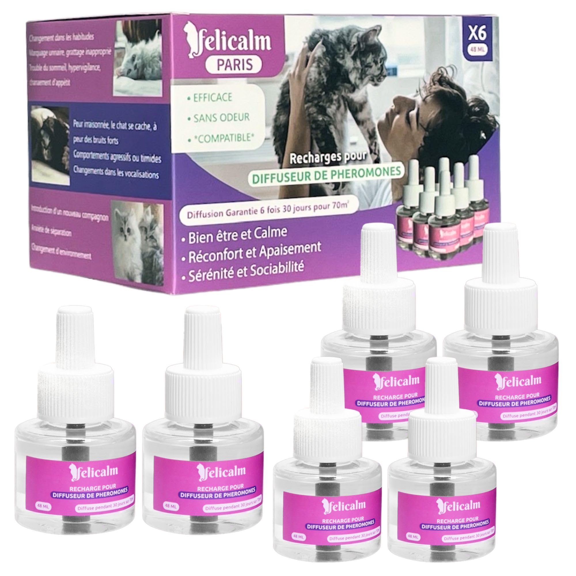 Paris -Nouvelle Formule de PHEROMONE pour Chat et Chaton -6 Recharges de 48 ML- Anti Stress pour Chat- CALMANT- Bonheur et Harmonie