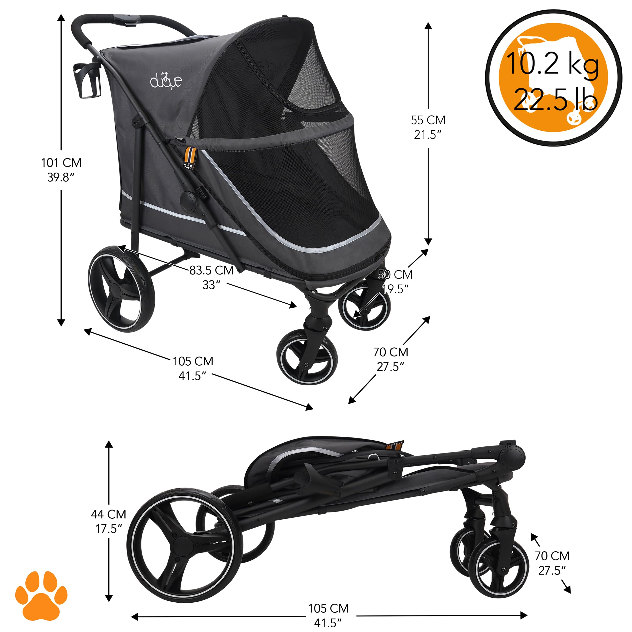 Hundebuggy Hundewagen CHAMP – XL Buggy große Hunde, geräumig, Tierwagen, Haustierwagen, Katze, Hund, Zusammenfalten, inkl. Regencover, Getränkehalter, Stauraum, max. Last 50kg/110lb, Grau