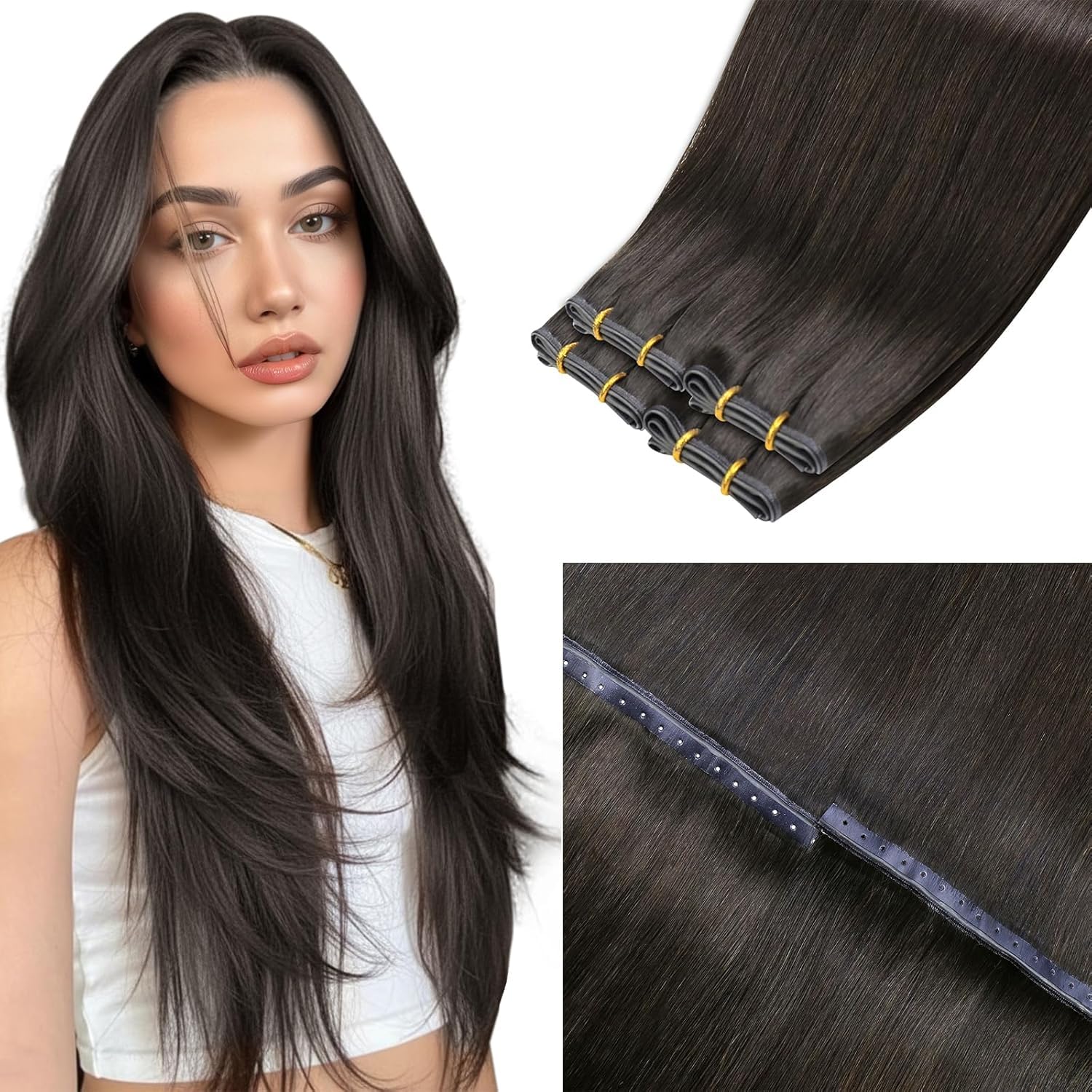 LaaVoo Doppelseitige Tressen Extensions Echthaar Braun Tressen Echthaar Salonqualität mit Mikroperlen Haarverlängerungen Echthaar Unsichtbar nahtlos 45cm 50g #2