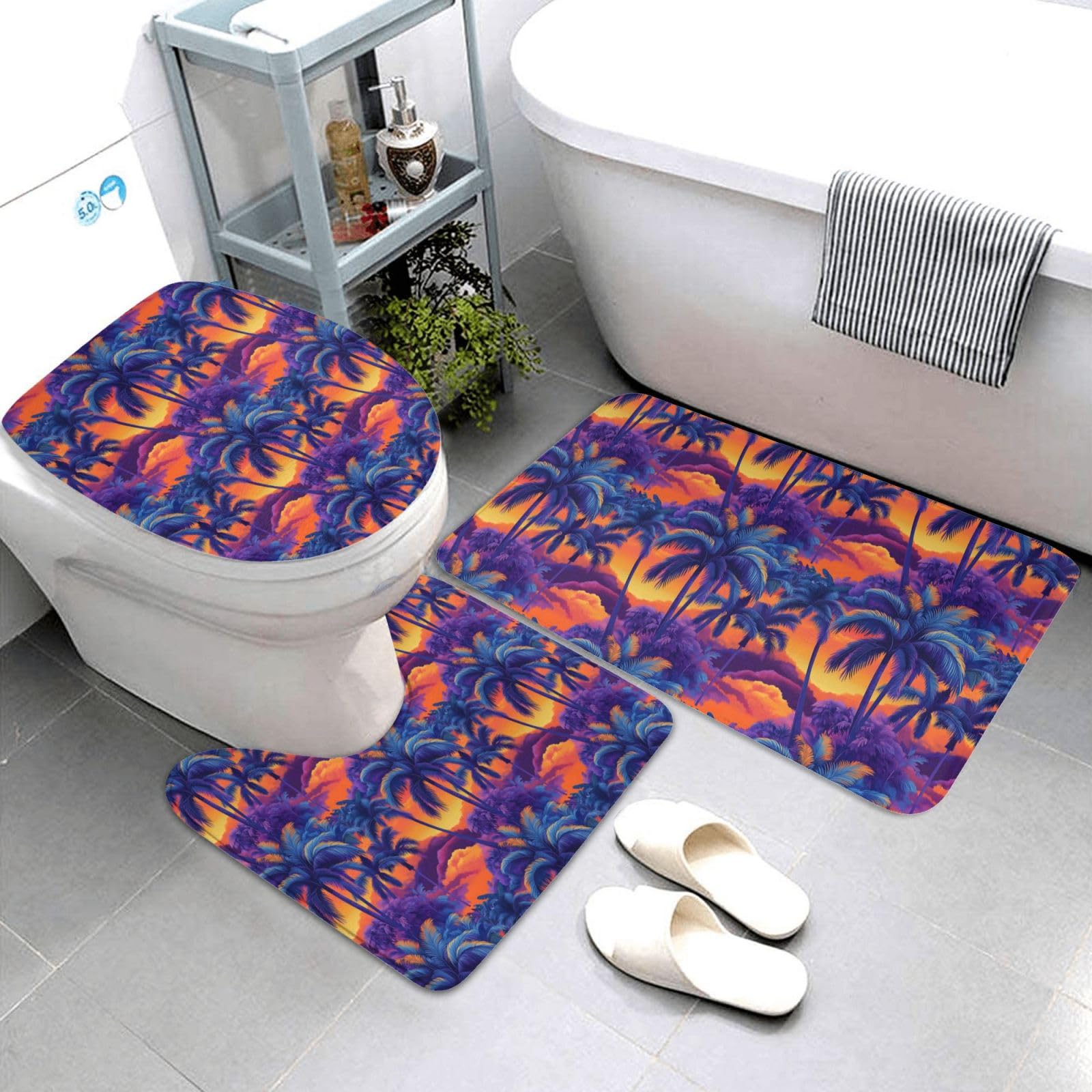 Tapis de salle de bain lot de 3 avec motif hawaïen et contour WC assorti