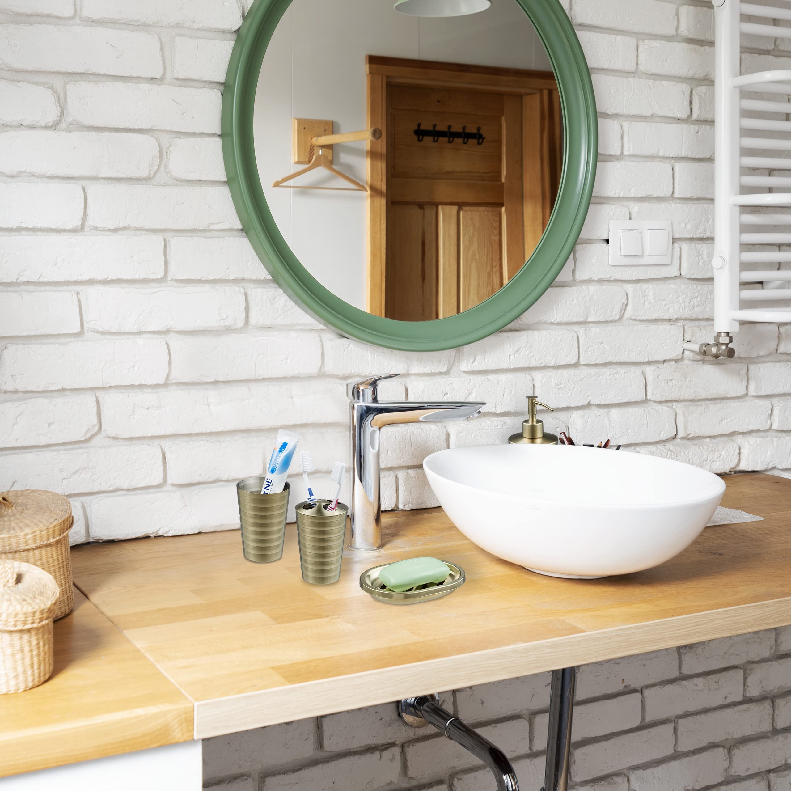 Relaxdays Accessoires de Salle de Bain, 5 pièces, en INOX brossé et Plastique, Design Moderne et harmonieux, doré