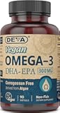 DEVA Vegan Omega-3 DHA EPA Supplement Once-Per-Day Softgel 300 MG - Carrageenan Gelatin & Gluten Free - Non-Fish Algae Oil Fatty Acids - 90 Softgels