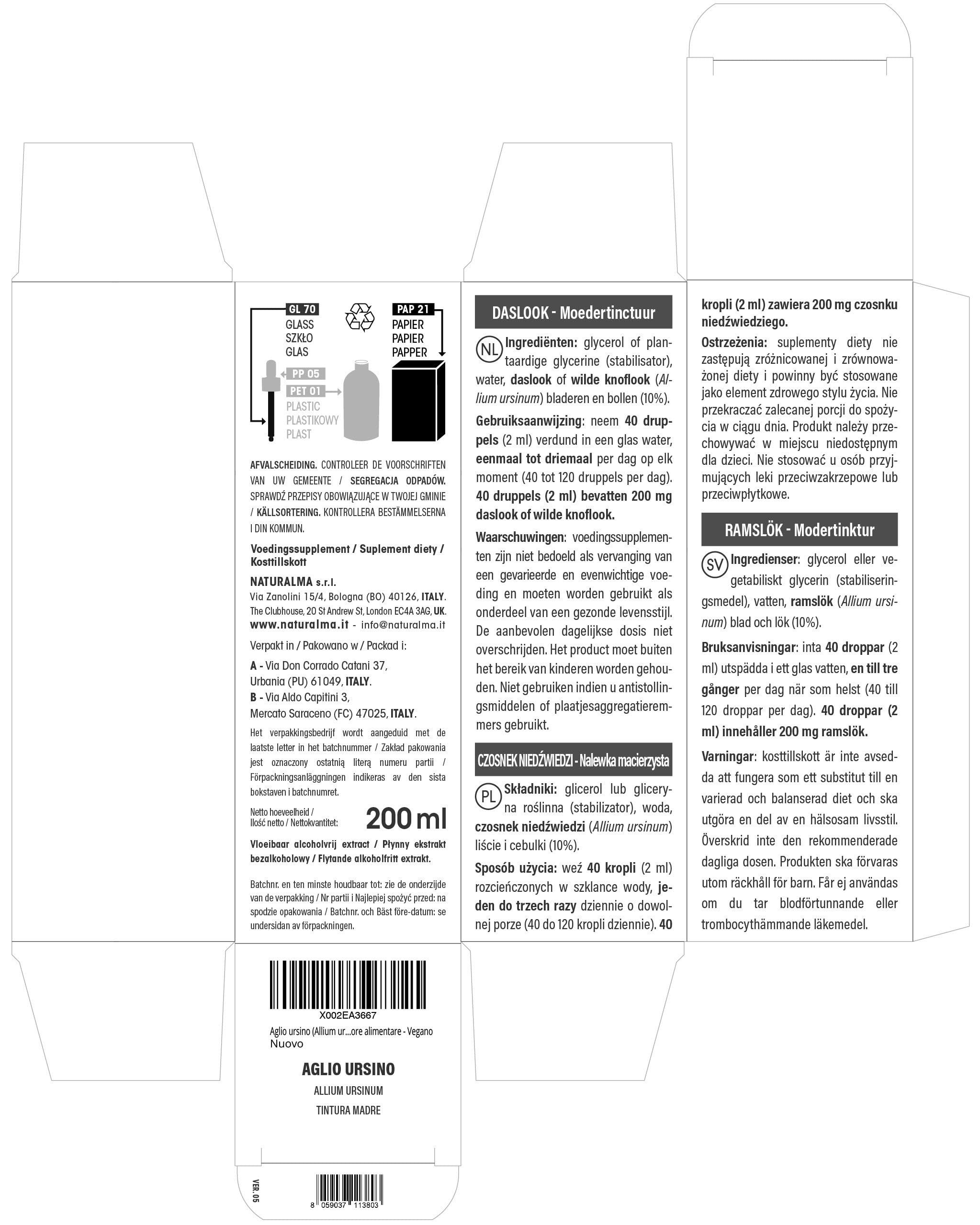 Bärlauch (Allium ursinum) Blätter und Zwiebeln Alkoholfreier Urtinktur Naturalma - Flüssig-Extrakt Tropfen 200 ml - Nahrungsergänzungsmittel - Veganer