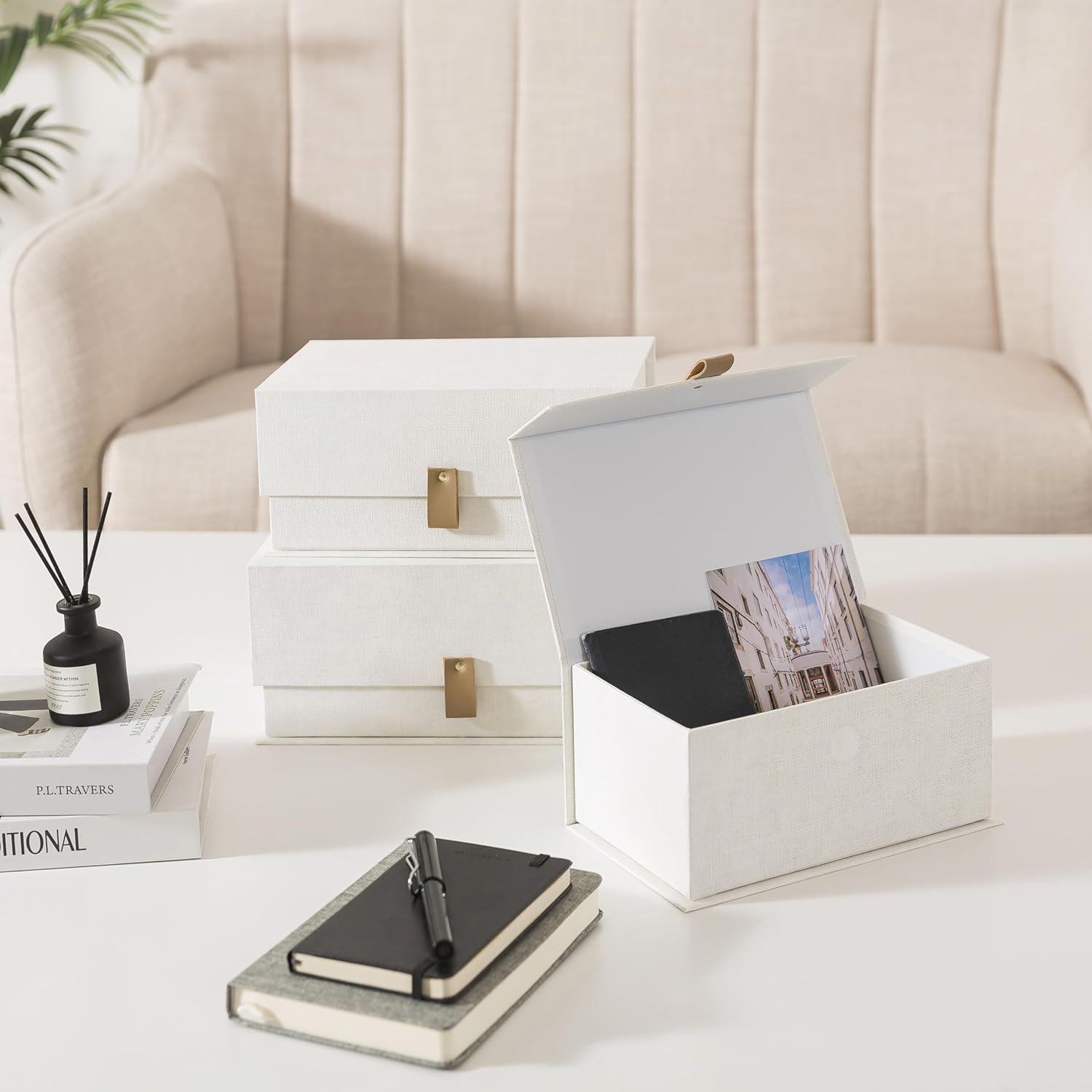 Soul & Lane Decorative Cardboard Storage Boxes with Lids - Set of 3, Memory Boxes for Keepsakes, Stacking Decorative Photo Storage for Pictures and Decor, Ivory