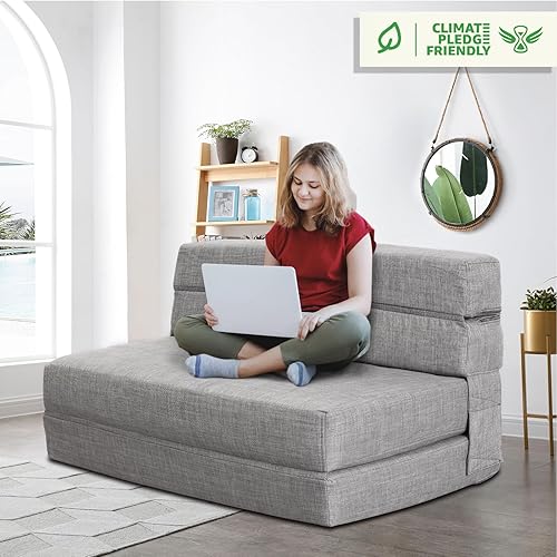 Miniatura 59 de ANONER - Sofá cama plegable, con almohada, tamaño individual, color gris claro Gris claro,Gris oscuro,Verde oscuro,Peluche gris oscuro