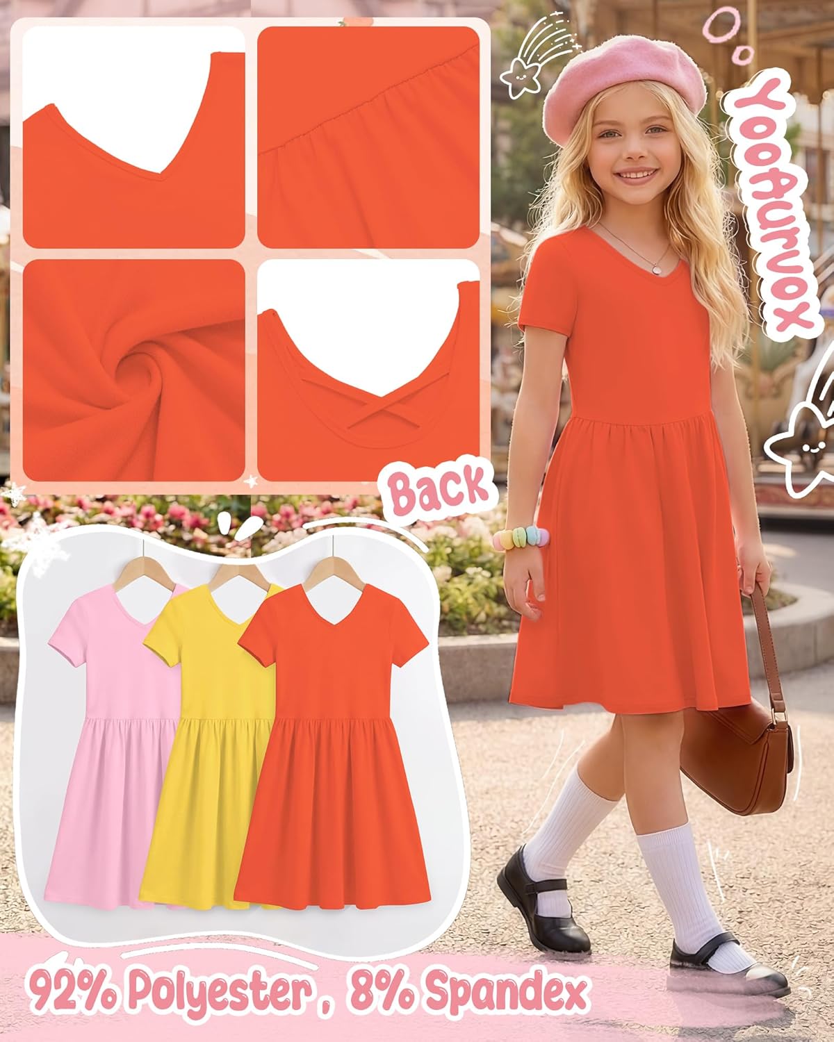3 Pack Girls Short Sleeve Dress Summer Kids V Neck A Line Swing Skater Twirl T-Shirt Dresses for Casual Party