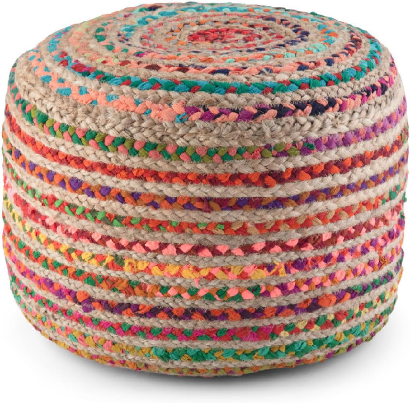 Round Pouf - Multi Color, 20 Inch Cotton Jute Pouf Ottoman - Handcrafted Floor Cushion for Living Room, Bedroom, Footrest, Accent Seating
