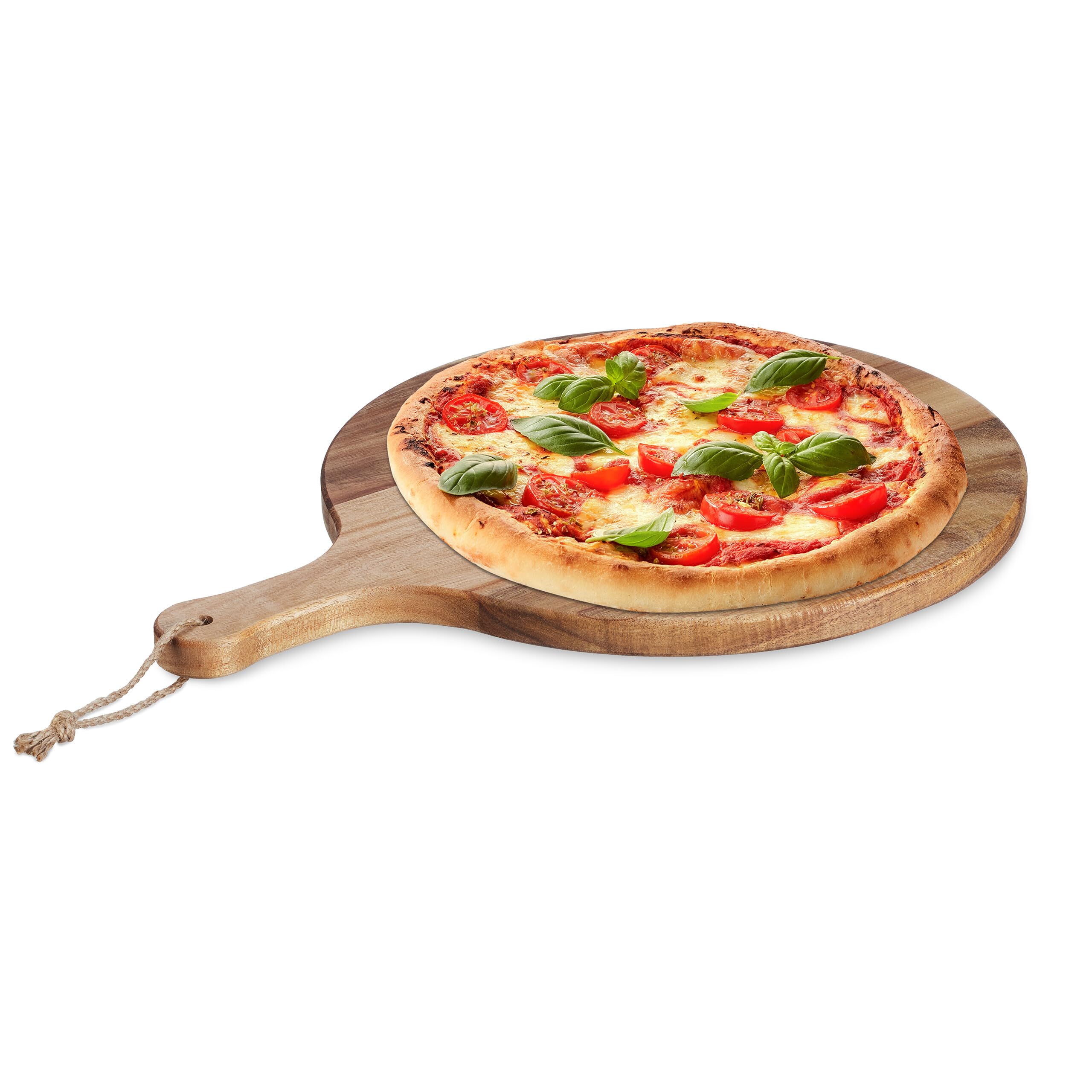 Relaxdays pizzaplank, ronde snijplank van acaciahout, 35,5 cm, pizzabord, met handvat, kaasplank, serveerplank, natuur