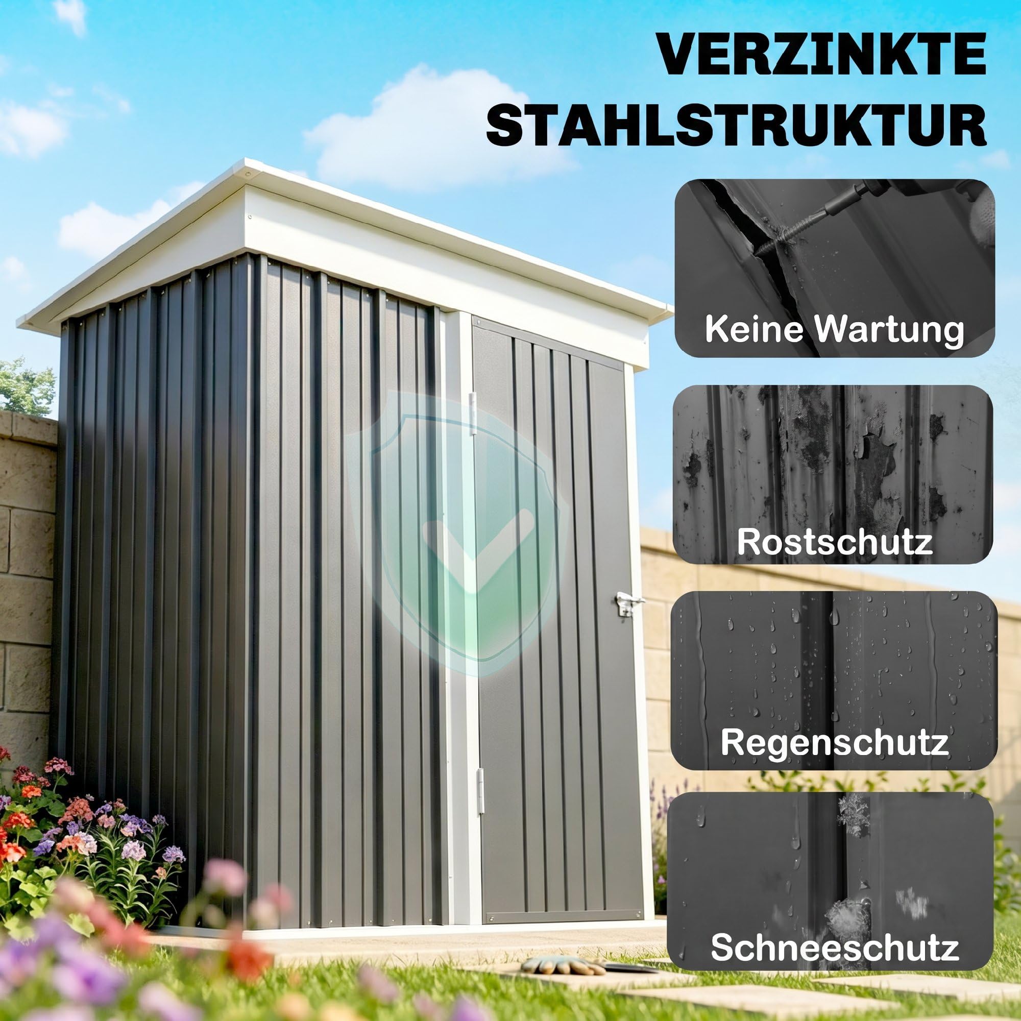 Outsunny Metalowy domek na narzędzia, 1,36 m², 161 x 95 x 181 cm, szopa na narzędzia z dachem jednospadowym, fundamentem, regulowane regały, zamykane drzwi, odporne na warunki atmosferyczne, domek