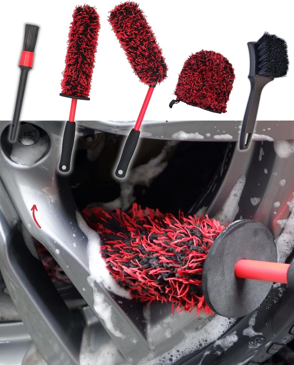 oesee Metal Free Microfiber Wheel Brush Kit- Microfiber Angled Wheel Brush, Long Handle Wheel Brush, Tire& Detailing Brush, Wheel Wash Mitt. Hands-On Wheel Detailing Kit for Daily Wheel Cleaning : Automotive