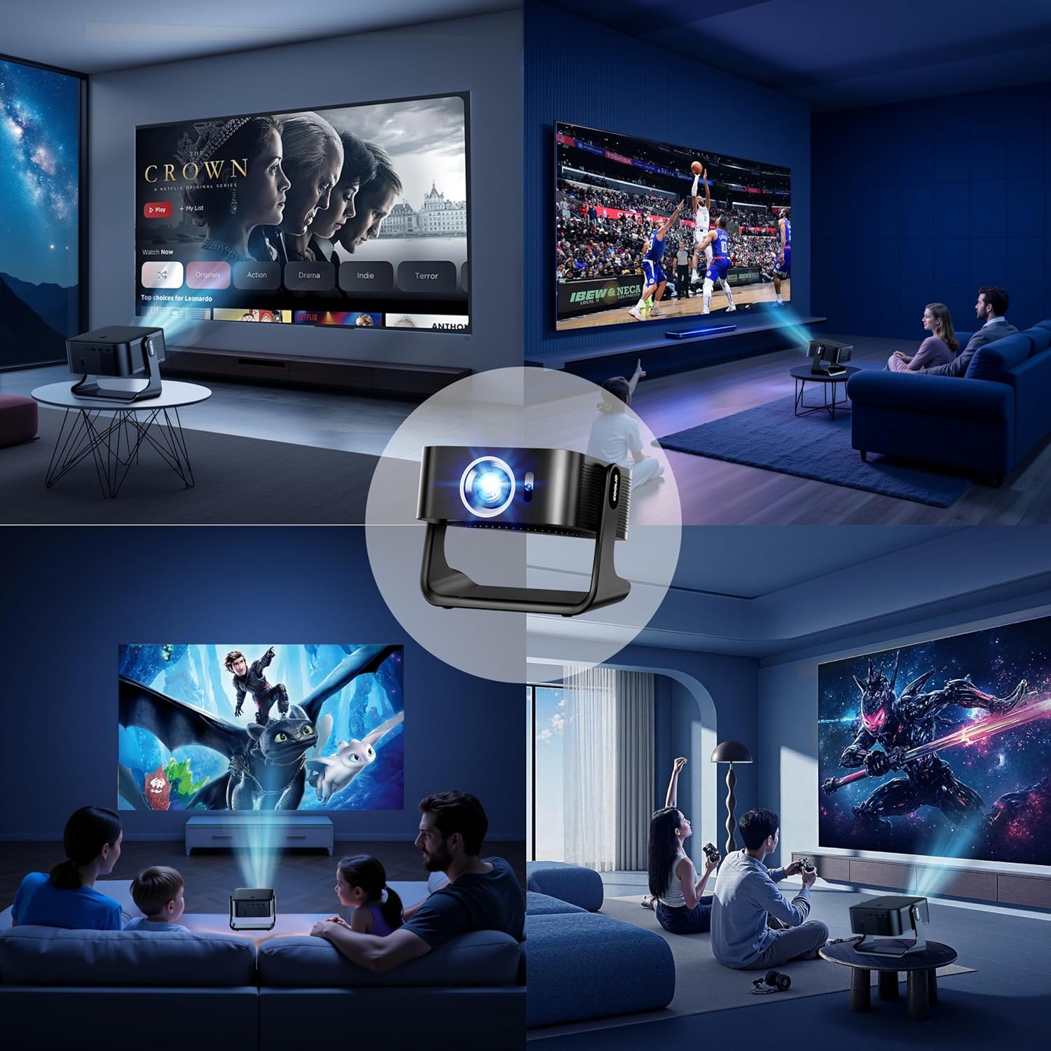 [Compatible with Netflix & Support 4K] 1080P HD Mini Projector Dual Band WiFi6 5G and BT 5.4 Auto Focus & Obstacle Avoidance Portable Outdoor Projector, 270° Adjustable Stand for Home Movie - Black - Image 9