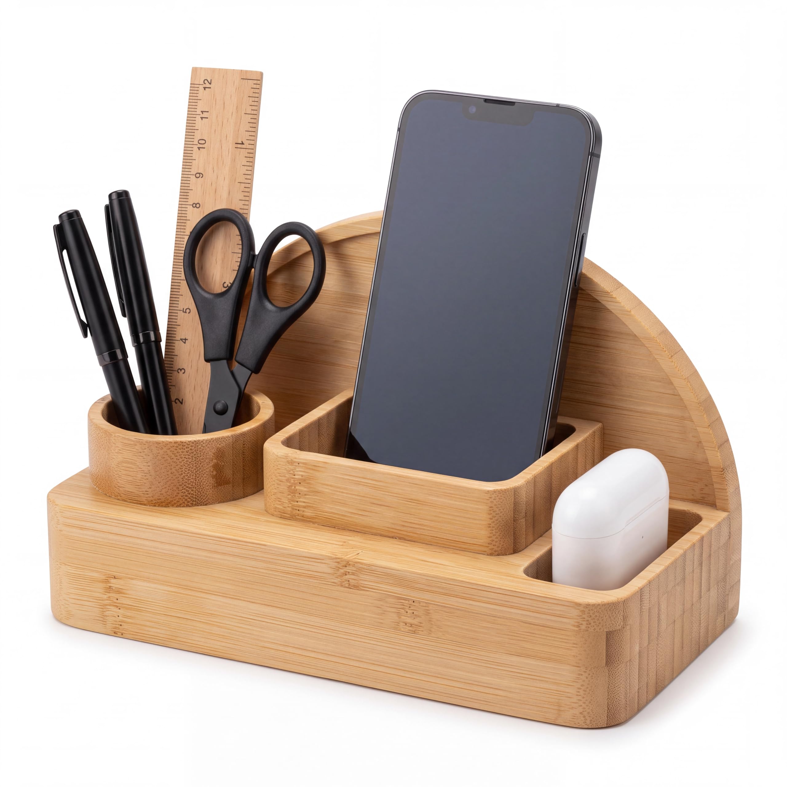 CIALESS Harmony Desk Organizer in bambù naturale 100%, Porta smartphone, penne, accessori da ufficio, Organizer scrivania minimal, Design elegante e sostenibile