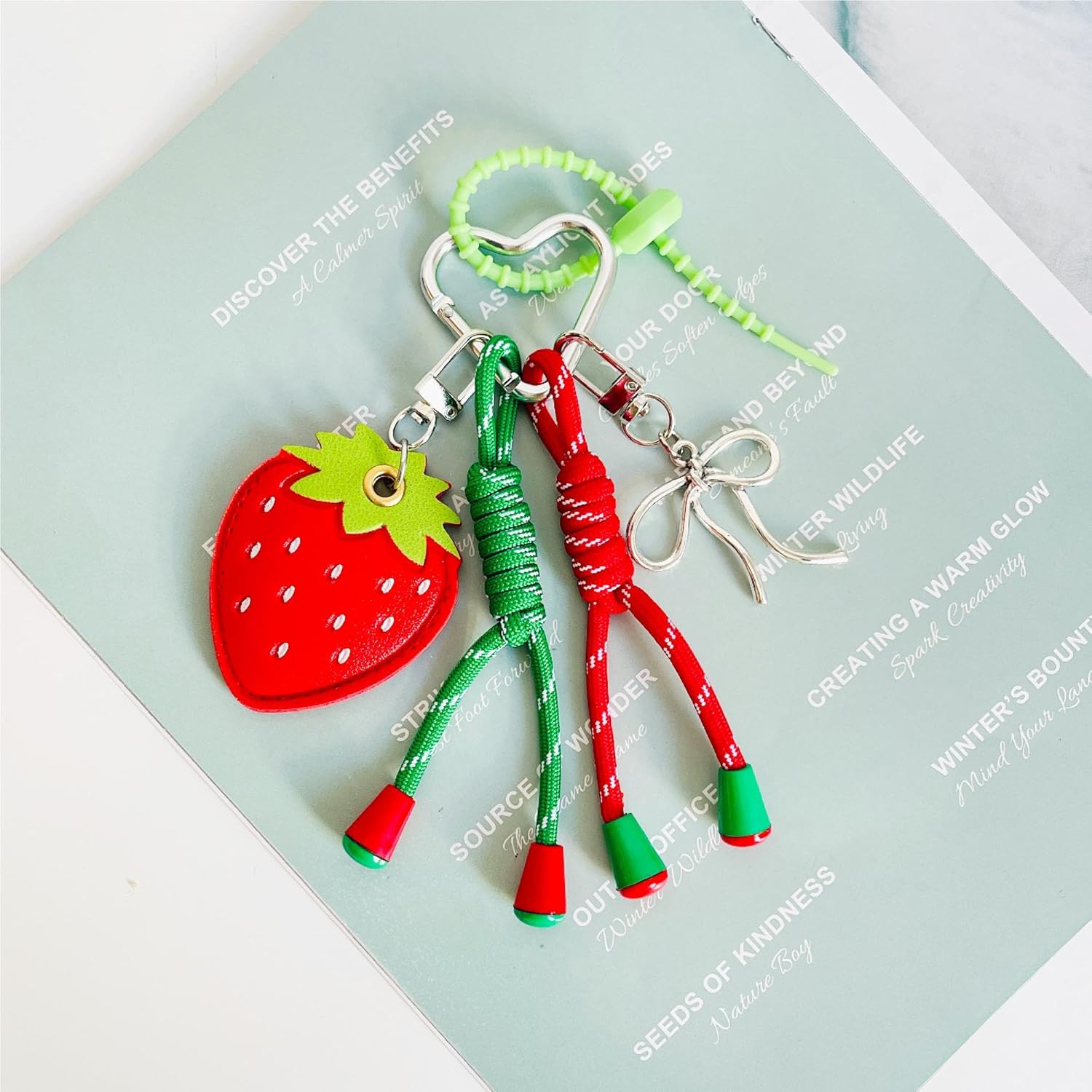 QTMY Cute Strawberry Bow Rope Braided Keychain Bag Charms for Handbag Purse Backpack Accessories for Bogg Bag,925-1 - Image 3