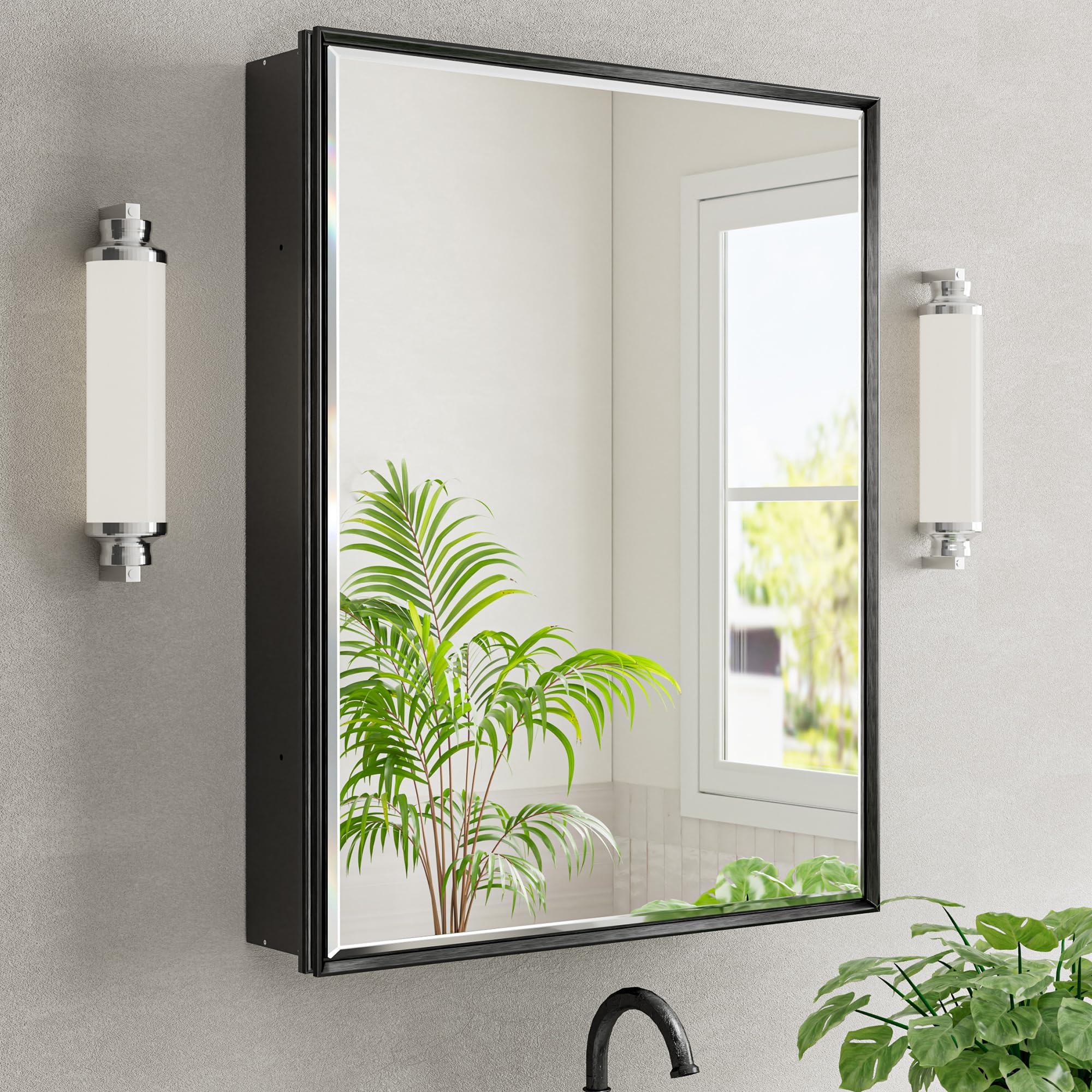 24x30 Pre-Assembled Black Medicine Cabinet with Mirror, Surface or Recessed Medicine Cabinet Mirror for Bathroom, Aluminum Beveled Frame Bathroom Vanity Mirror with Adjustable Shelves Storage