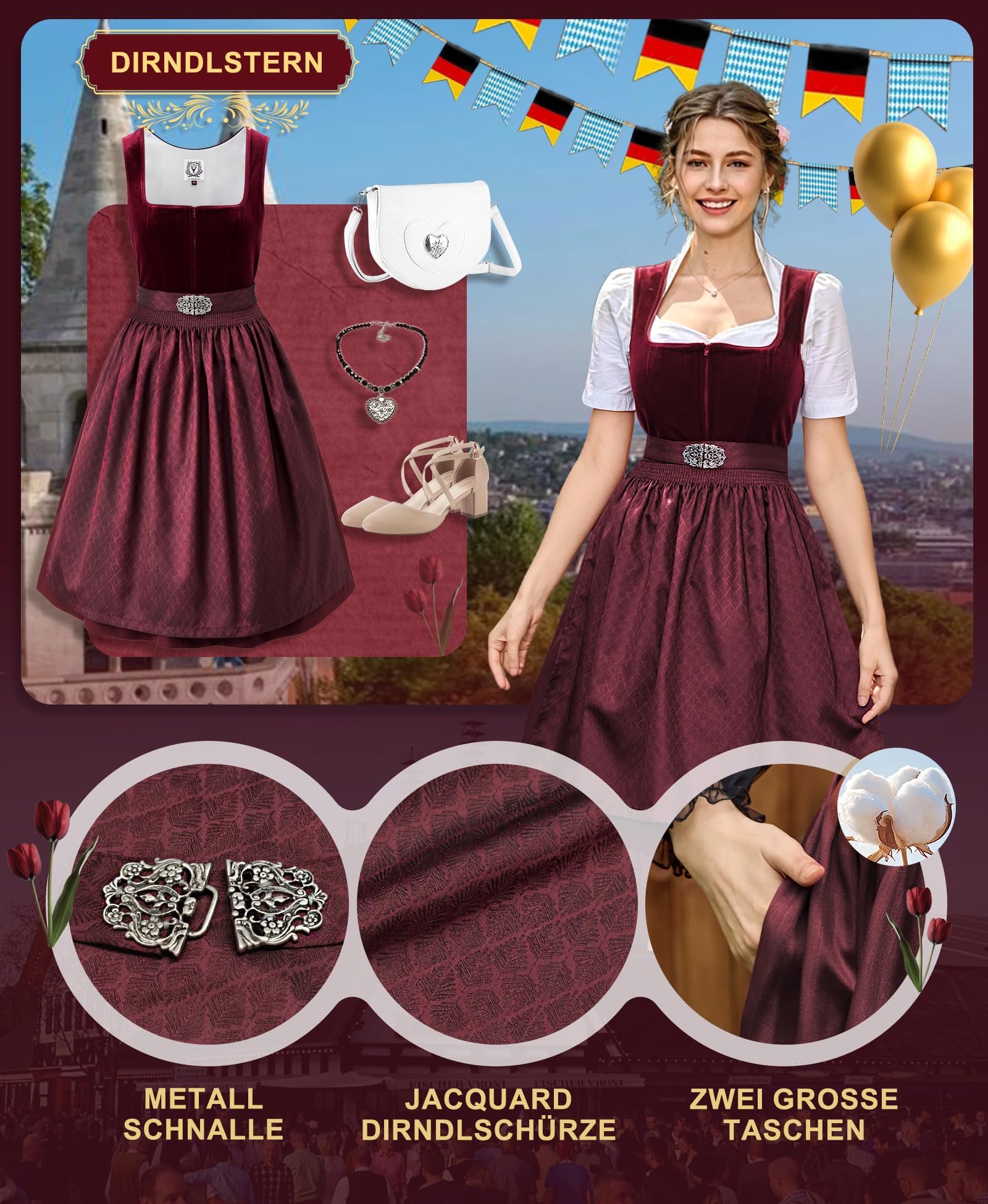 DIRNDLSTERN Damen Trachtenkleid Rot - Midi Dirndlkleid Oktoberfest Outfit Samt Trachtenrock mit 60 cm Dirndlschürzen