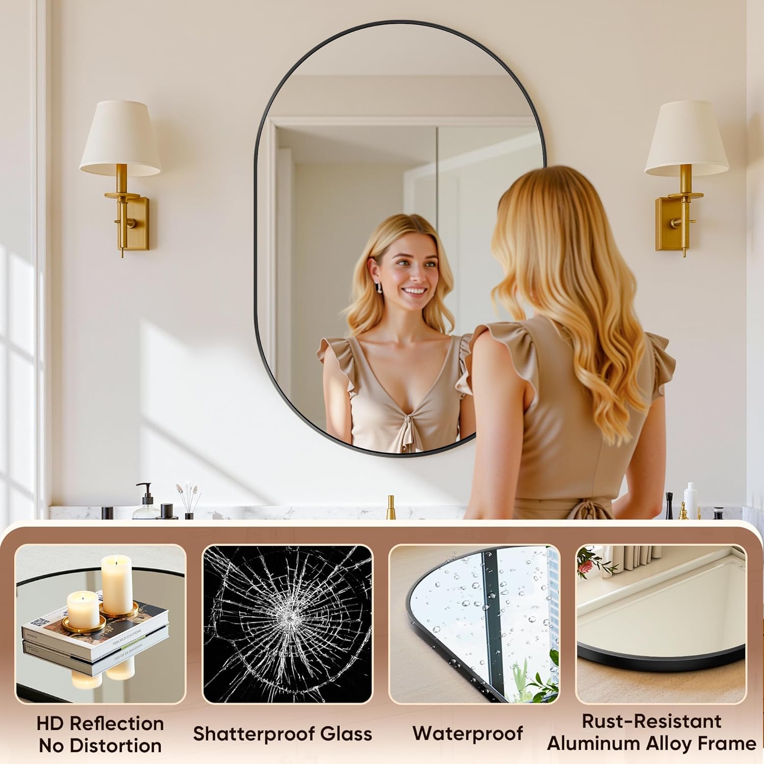 Antok Wall Mirror, 24"x36" Bathroom Vanity Mirror, Anti-Rust HD Tempered Glass, Wall Mounted Mirrors for Living Room, Entryway, Black Frame, Oval