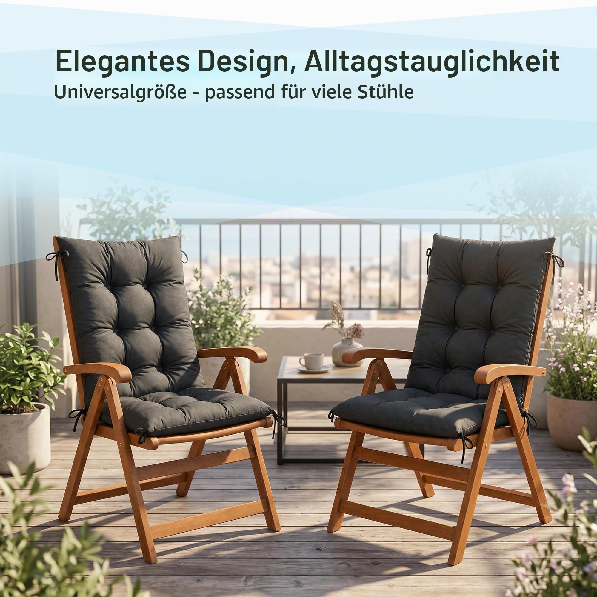 POKAR 4er Set Gartenstuhl Hochlehner Auflagen 120x50x10 cm | Gesteppte Wasserabweisende Polster | Hochlehner Sitzauflagen Gartenmöbel | Outdoor Gartenstuhlauflagen | Oeko-Tex | Made in EU | Anthrazit
