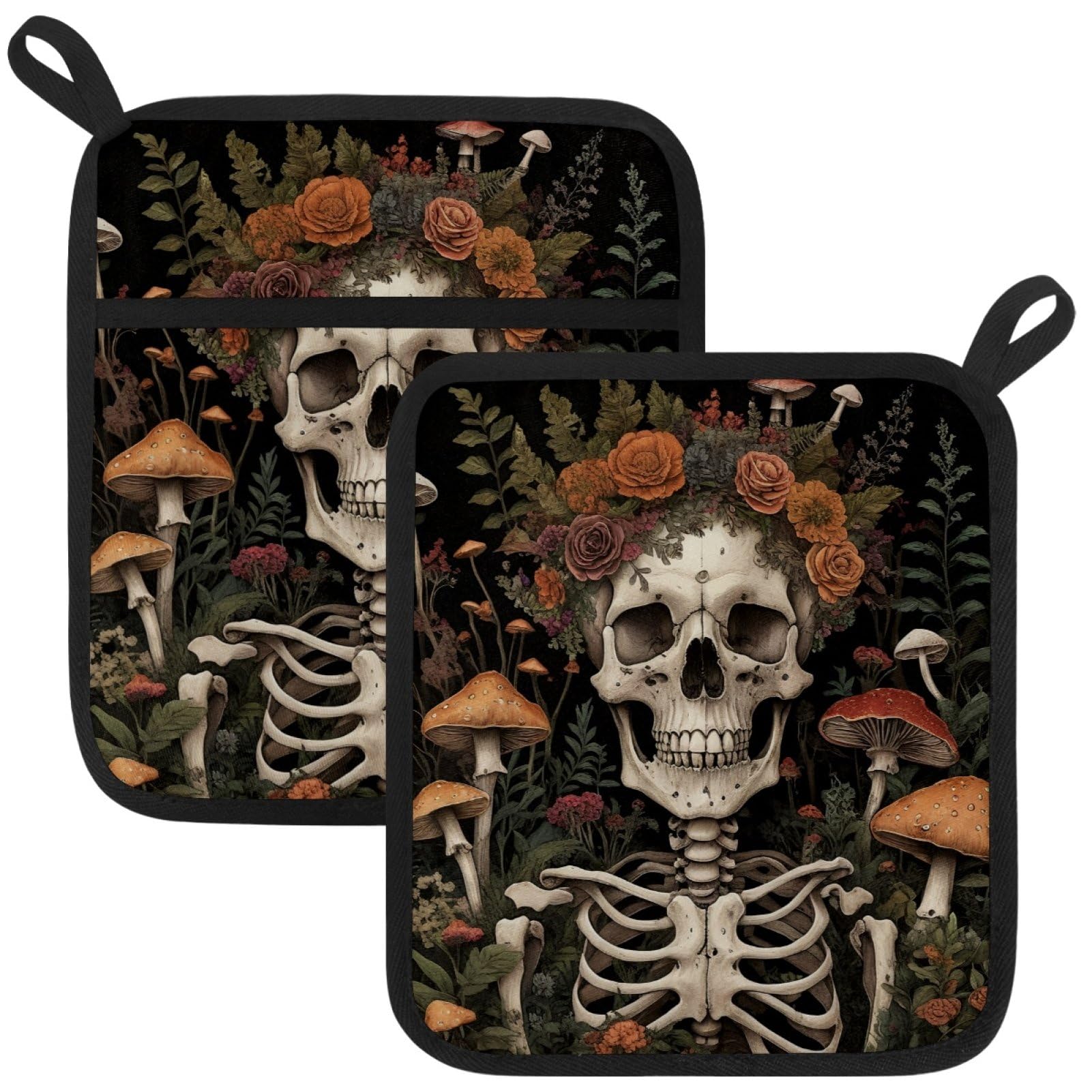 VAPOKF Skull Mushroom Flower Pot Holders with Pocket for Kitchen Heat Resistant Potholders Large Polyester-Cotton Square Oven Mitts Set
