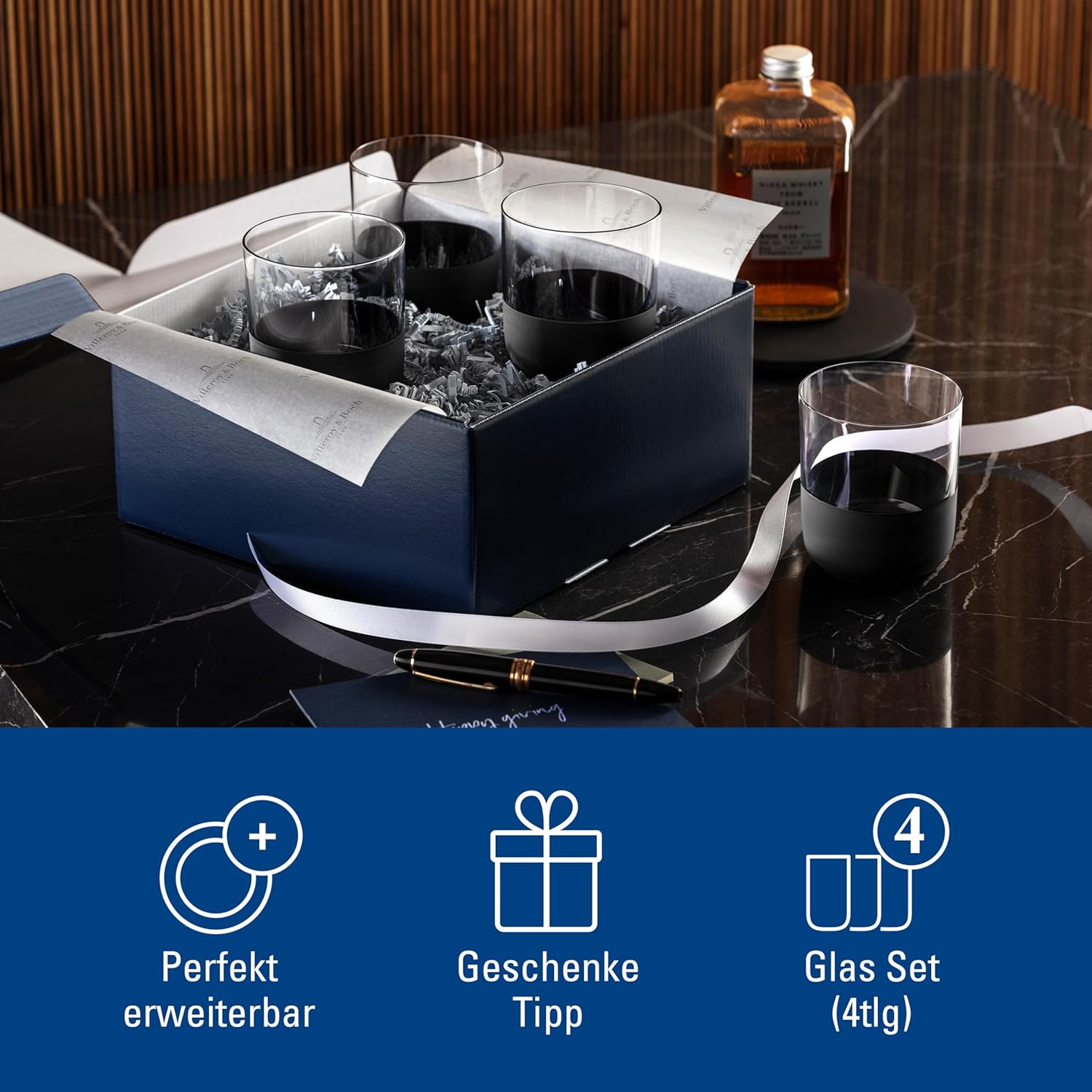 Villeroy & Boch - Manufacture Rock whisky glass set, 4 pces, crystal glass with matt black base, capacity 250 ml