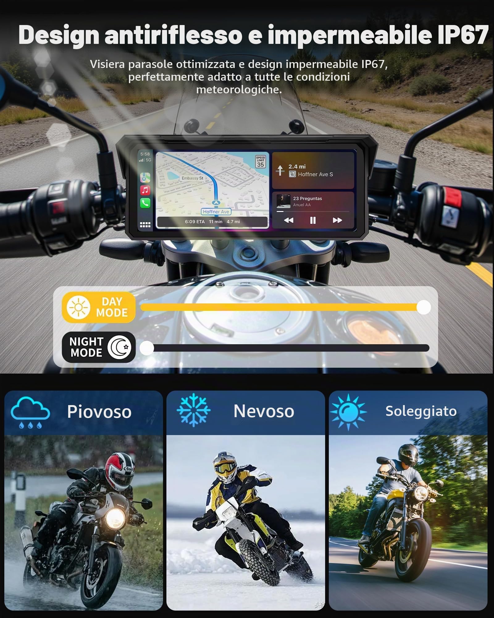 8,1 Pollici Schermo Carplay Moto Android Auto Moto GPS Navigatore | Touchscreen Impermeabile IP67 Audio Bluetooth, Siri e Assistente GOogle, Compatibile con tutte le motociclette