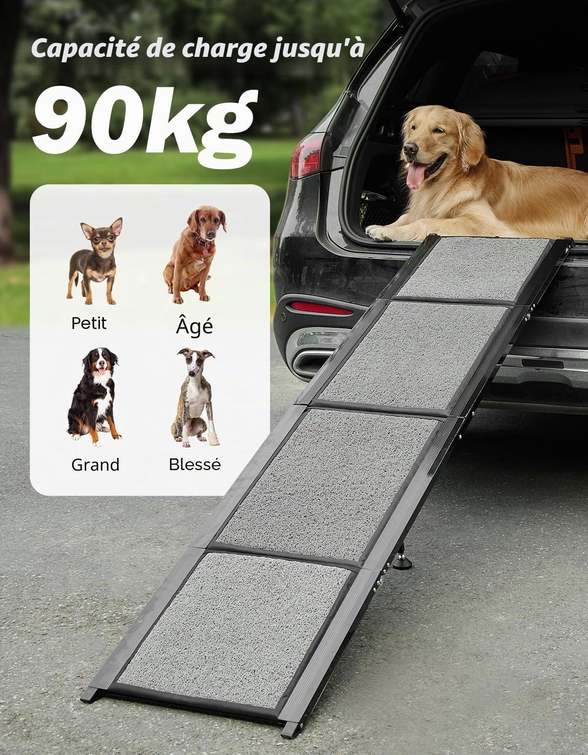 JOYTUTUS Rampe pour Chien Voiture Pliable,180 x 44 cm Charge Max.90 kg | Rampe Accès Voiture PVC Antidérapant Aluminium Léger pour SUV Camions, Convient aux Animaux de Compagnie de Toutes Tailles,