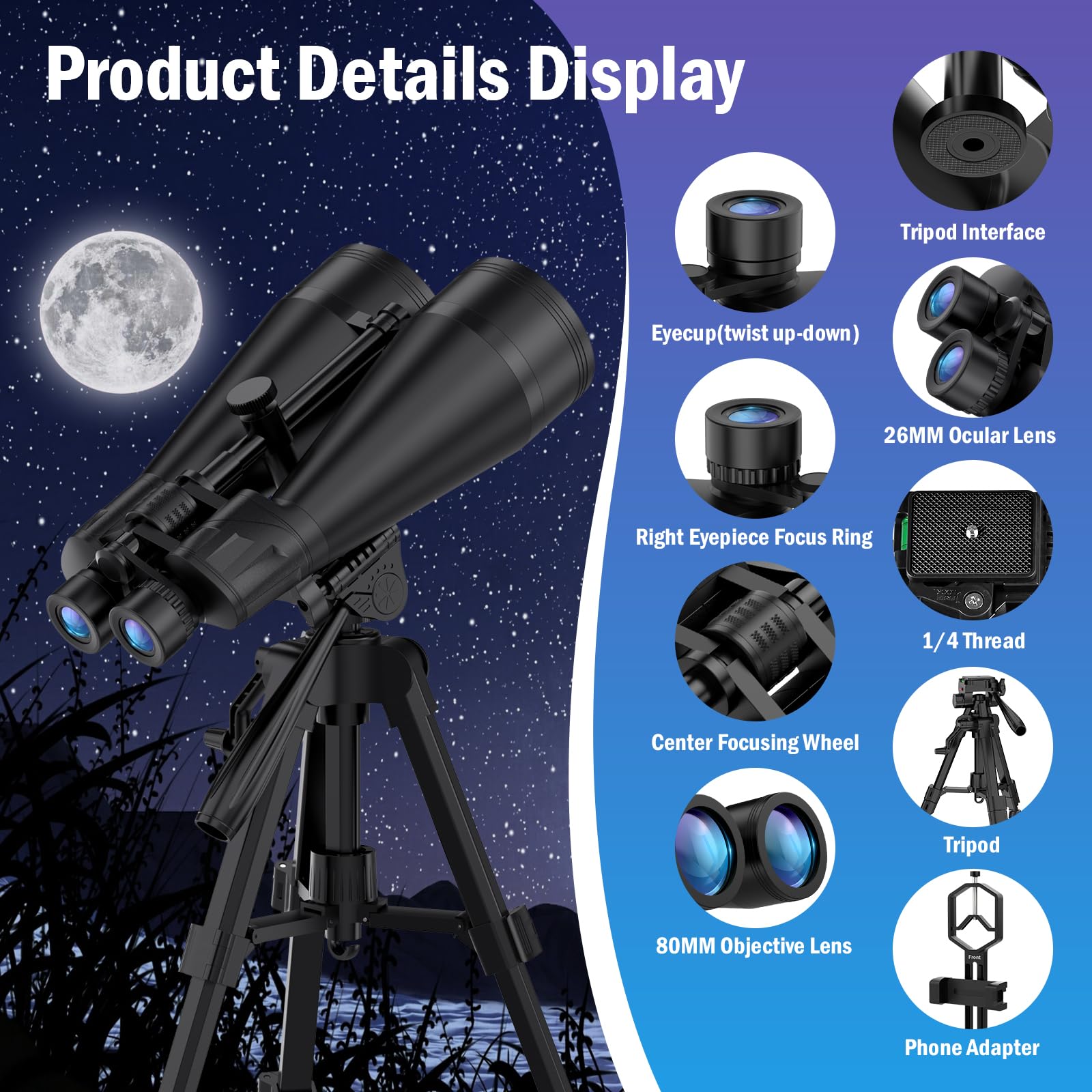 Binocolo Astronomico 20x80 per Adulti, Prisma BAK4 e Lenti FMC, Ingrandimento 20x per Osservazione di Stelle, Luna, Fauna Selvatica e Paesaggi a Lunga Distanza, con Treppiede Incluso
