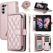 Argyle Wallet Case for Samsung Galaxy Z Fold 6 5G 2024 with Wrist Strap Shoulder Strap Card Slot Zipper Purse Luxury PU Leather Stand Cell Phone Cover for ZFold6 Z6 G Fold6 6Z Girls Rose Gold