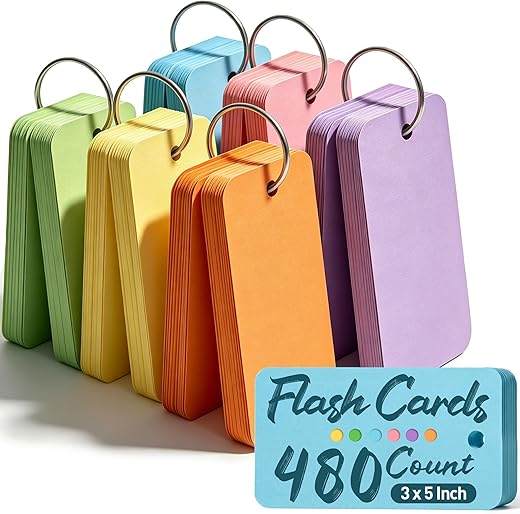 Koogel 480 Pcs Colored Index Cards, 3 x 5 Inch Study Cards Colored Notecards on Ring Flash Cards for School Learning Memory Recipe Cards Game Card