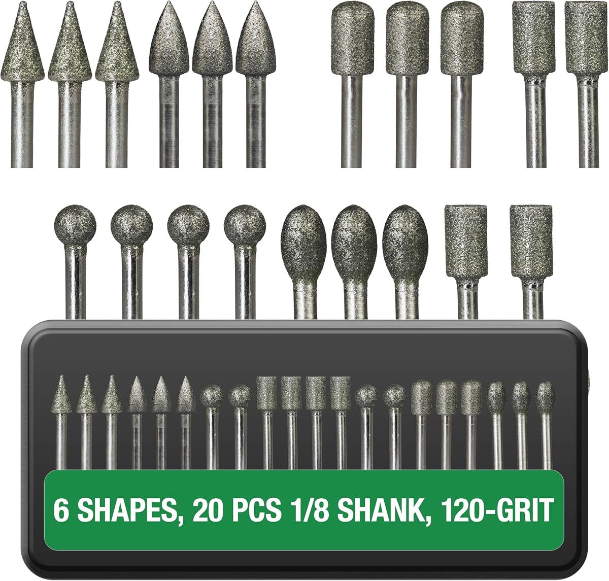 Diamond Burr Bits 20-Pc 1/8" Shank 120 Grit for Dremel Rotary Tool