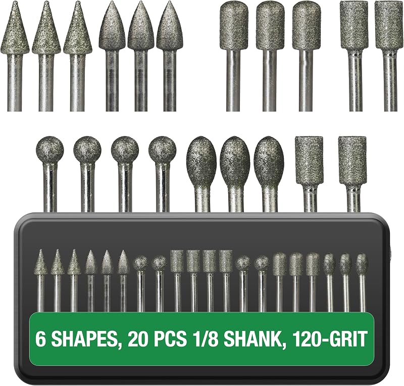 Diamond Burr Bits 20-Pc 1/8" Shank 120 Grit for Dremel Rotary Tool