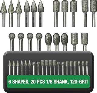 Diamond Burr Bits 20-Pc 1/8" Shank 120 Grit for Dremel Rotary Tool