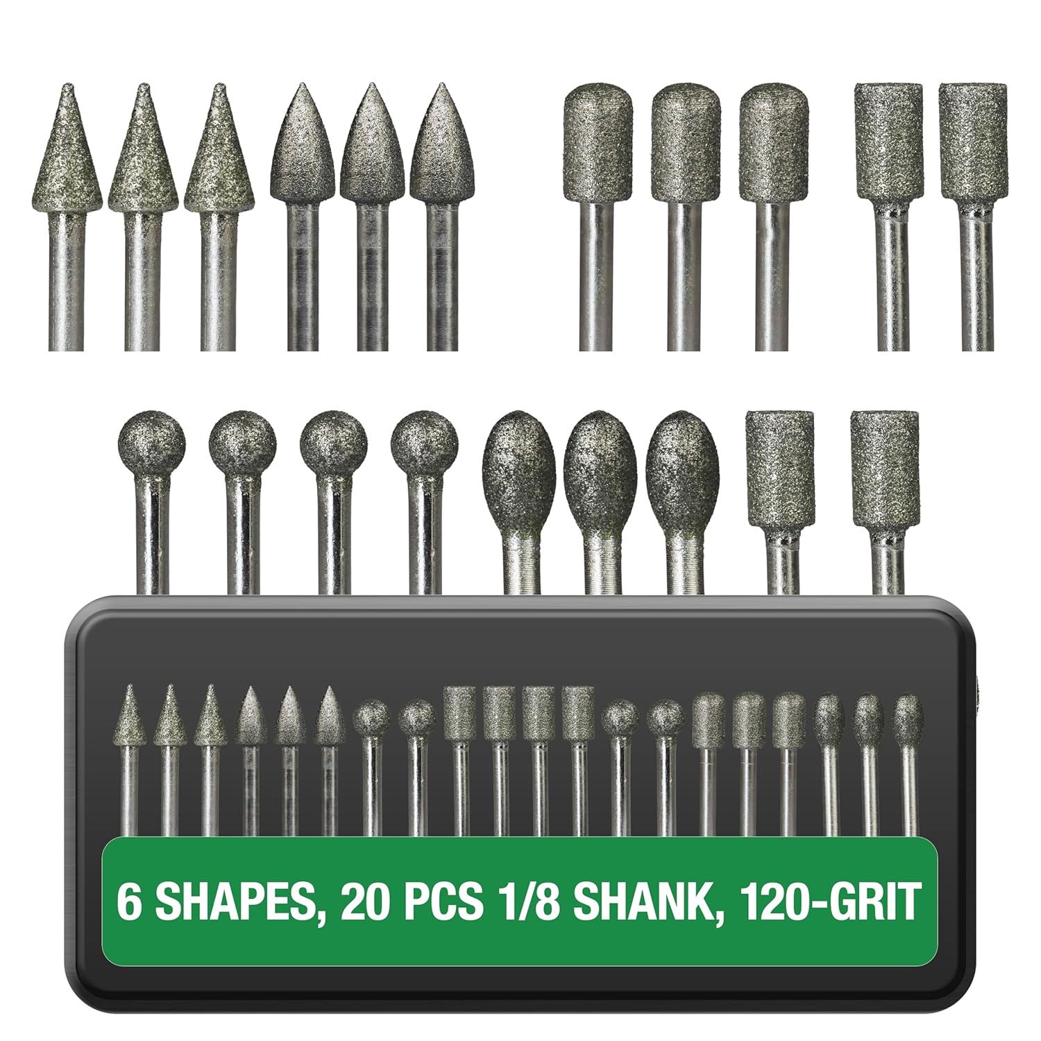 20Pcs 120-Grit Diamond Burr Bits, 1/8″ Shank – Compatible with Dremel Rotary Tools for Grinding, Carving & Shaping Stone, Glass, Ceramic & Metal
