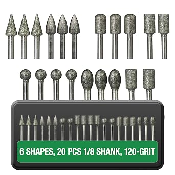 Diamond Burr Bits 20-Pc 1/8" Shank 120 Grit for Dremel Rotary Tool | Shapes stone, glass, ceramic and metal
