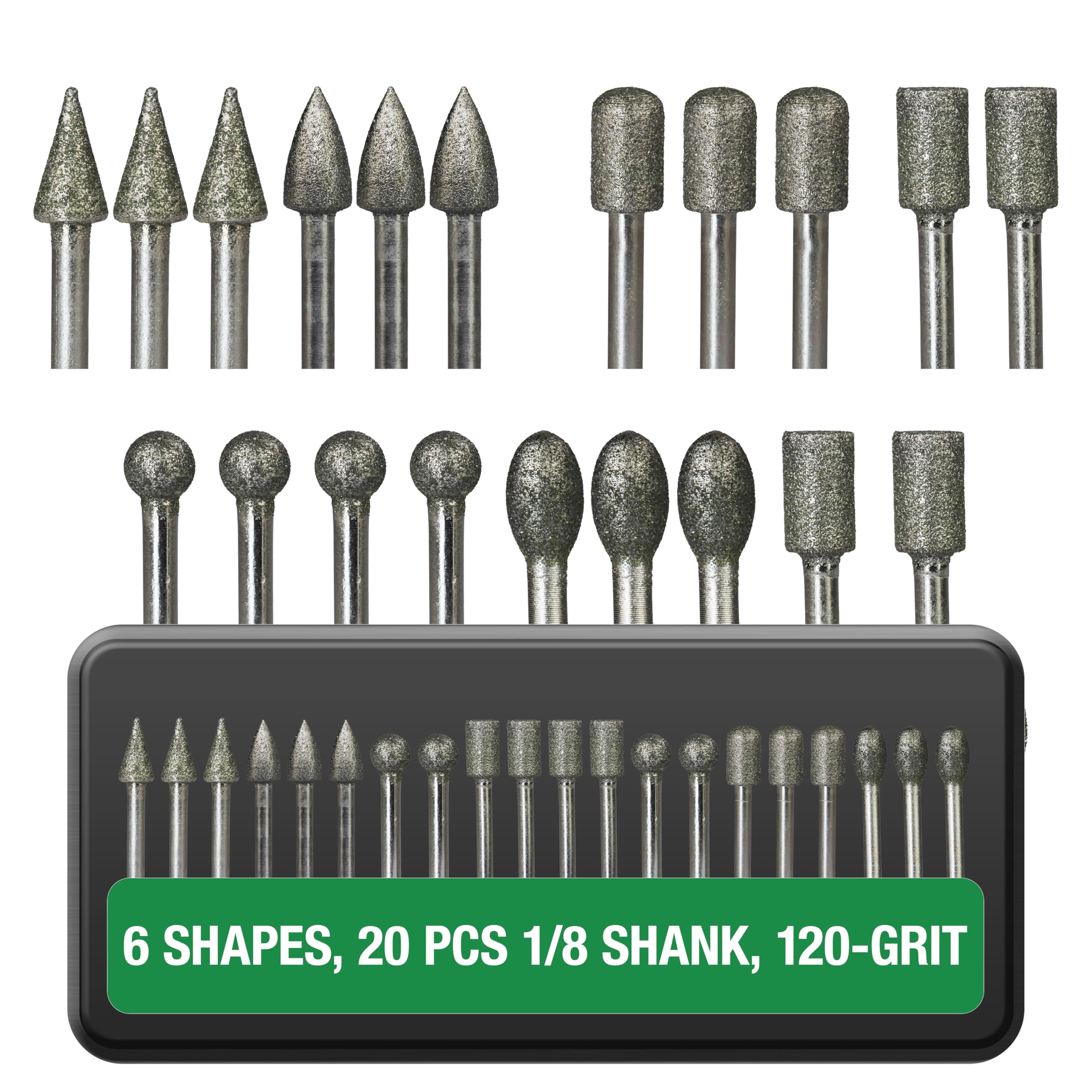 Diamond Burr Bits 20-Pc 1/8" Shank 120 Grit for Dremel Rotary Tool