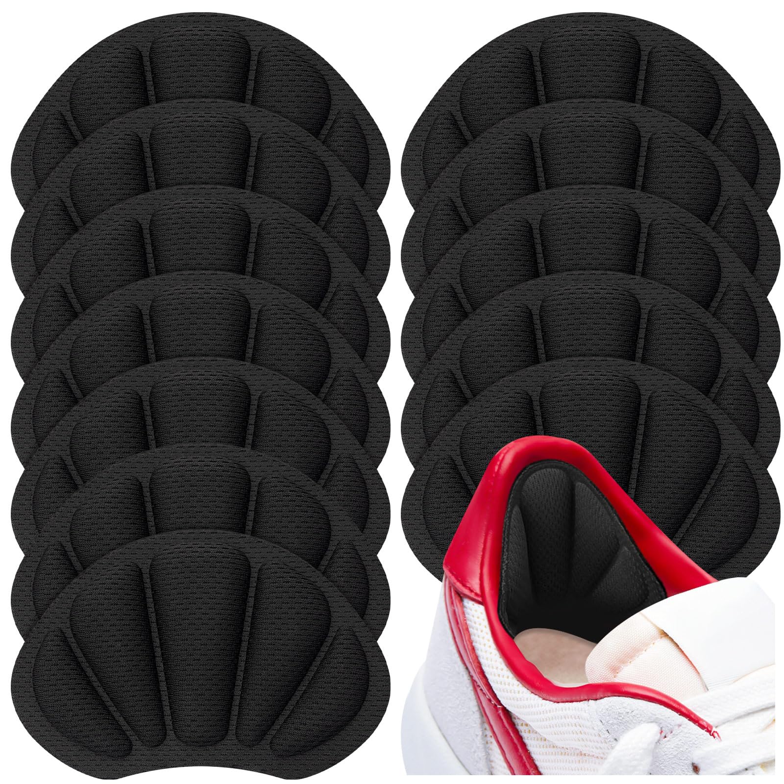 Shoe Heel Pad, 12Pcs Mesh Self-Adhesive Heel Pads, Reusable Black Back of Heel Cushion Pads for Women Men Shoes Too Big