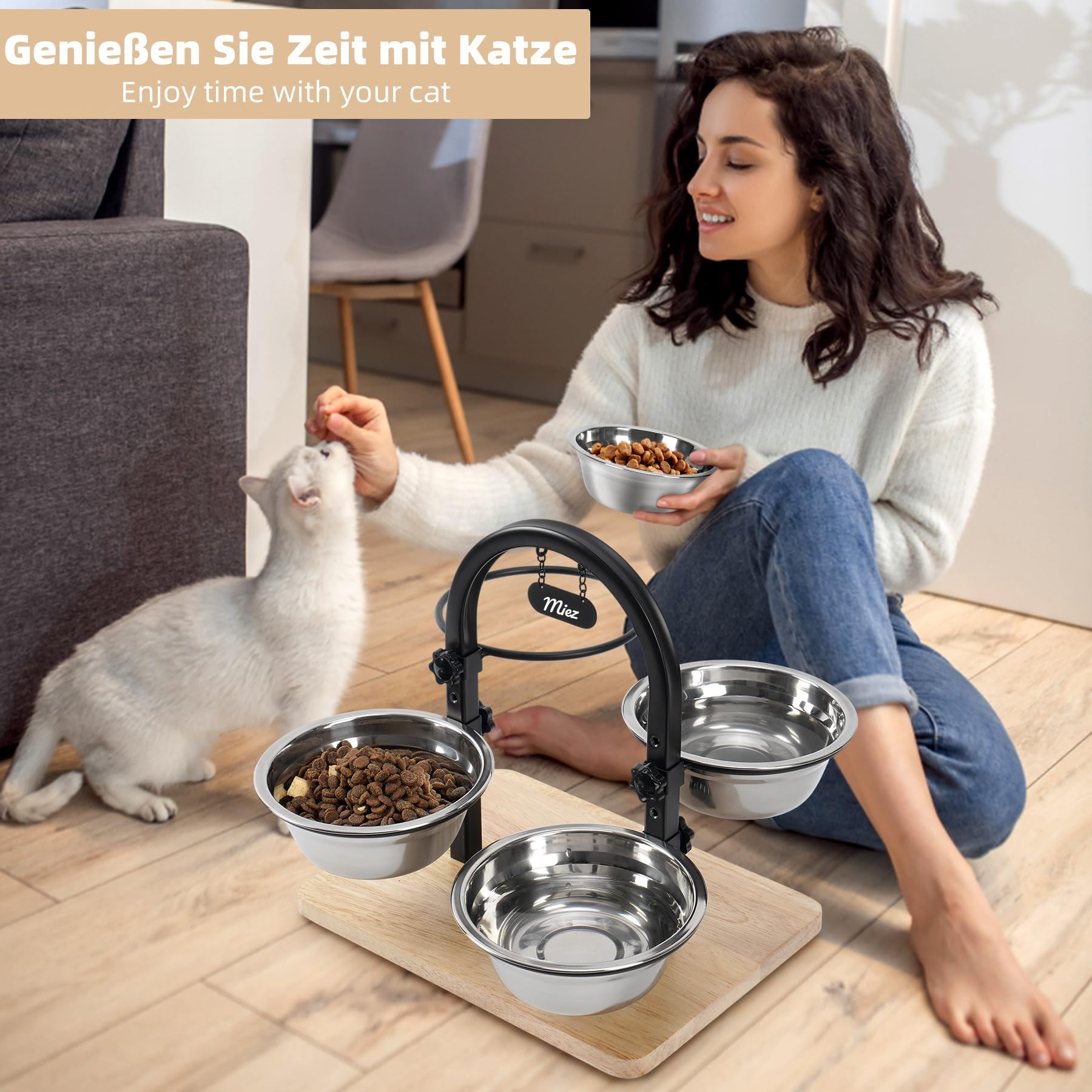 Gamelle surélevée pour chat avec 4 gamelles en acier inoxydable - Hauteur réglable - 4 hauteurs - Station d'alimentation et gamelle d'eau pour chats et petits chiens
