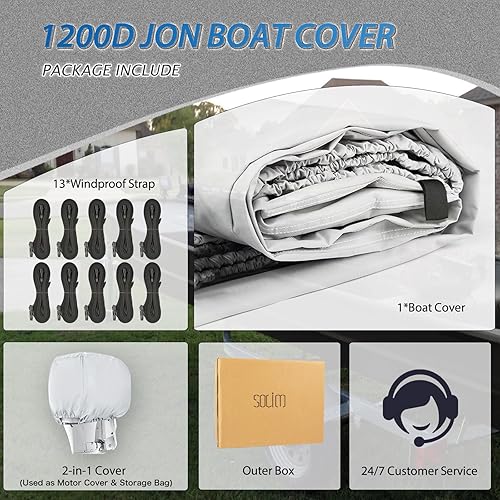 Miniatura 6 de Solim Funda para barco Jon de 14 pies con cubierta de motor, cubierta de amarre impermeable de poliuretano 900D, resistente al agua, lona de