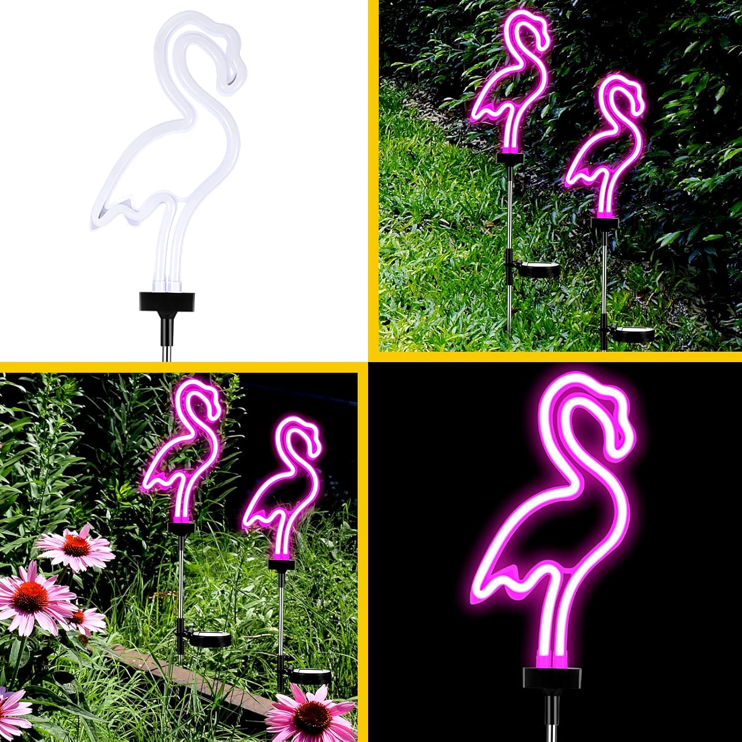 Flamingo Solar Lights Outdoor Neon Light Yard Pink Flamingo Waterproof Decorations for Garden Patio Yard Pathway Decoration(2 Pack)
