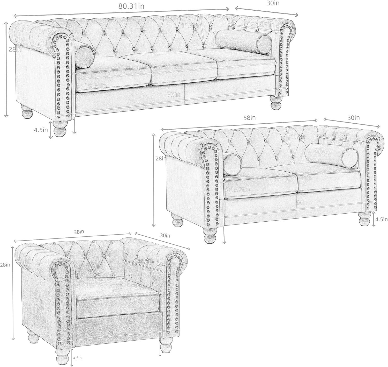 3-Piece Living Room Set, Green Velvet Chesterfield Sofa Couch Set of 3, Including 3-Seater Sofa, Loveseat and Armchair, Nailhead Furniture Set for Living Room, Office