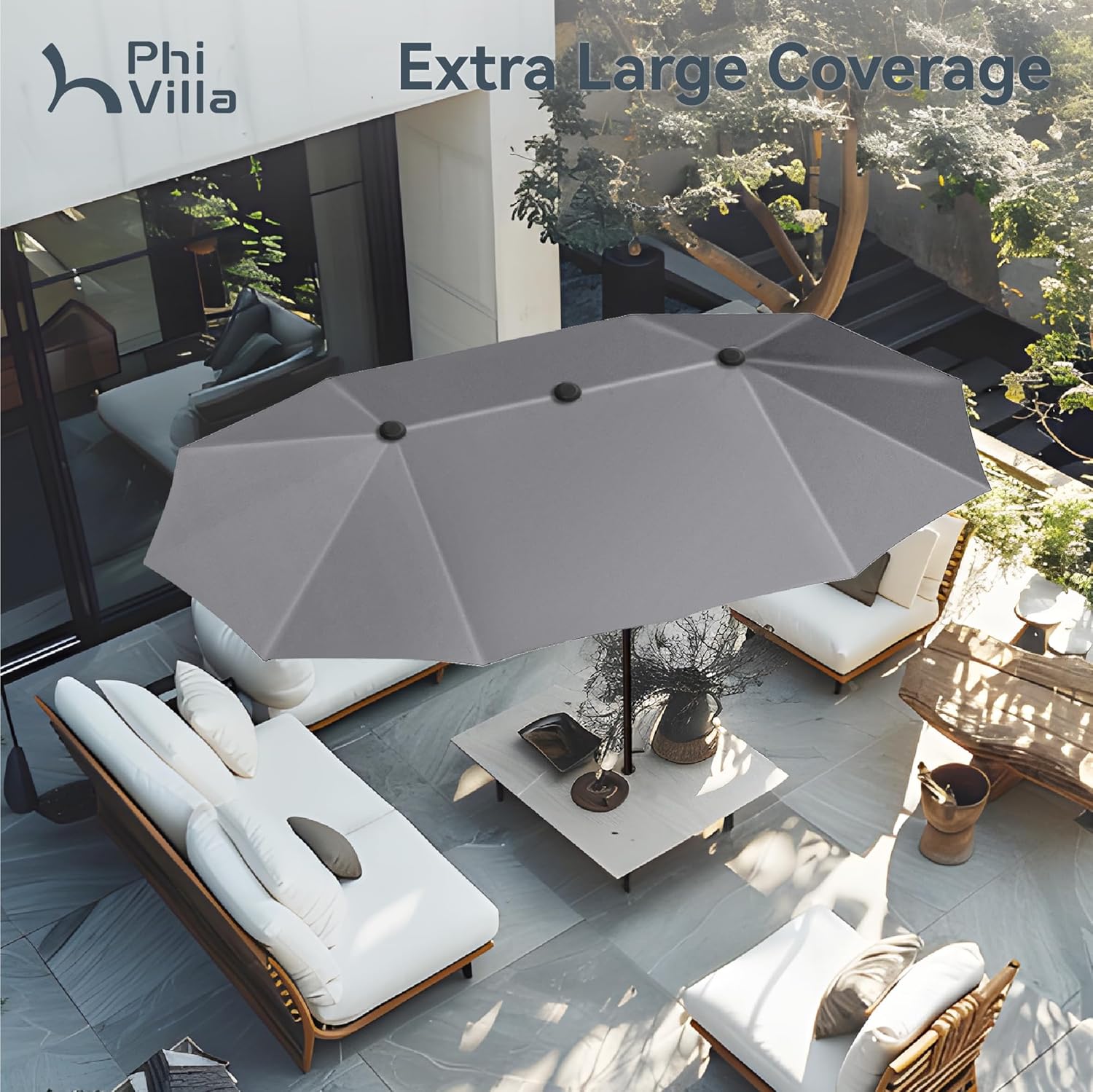 PHI VILLA 13ft Large Patio Umbrellas, Double-Sided Outdoor Market Rectangle Umbrella for Outside, Light Gray