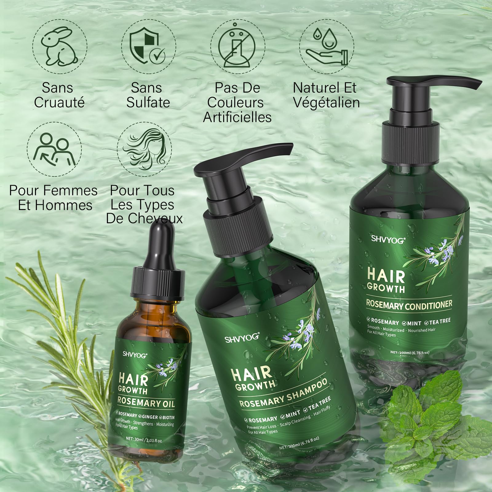 Shampooing et après-shampooing au romarin biotiné à la menthe, shampoing bio anti-chute, nettoyant et soin cuir chevelu, cadeau homme/femme