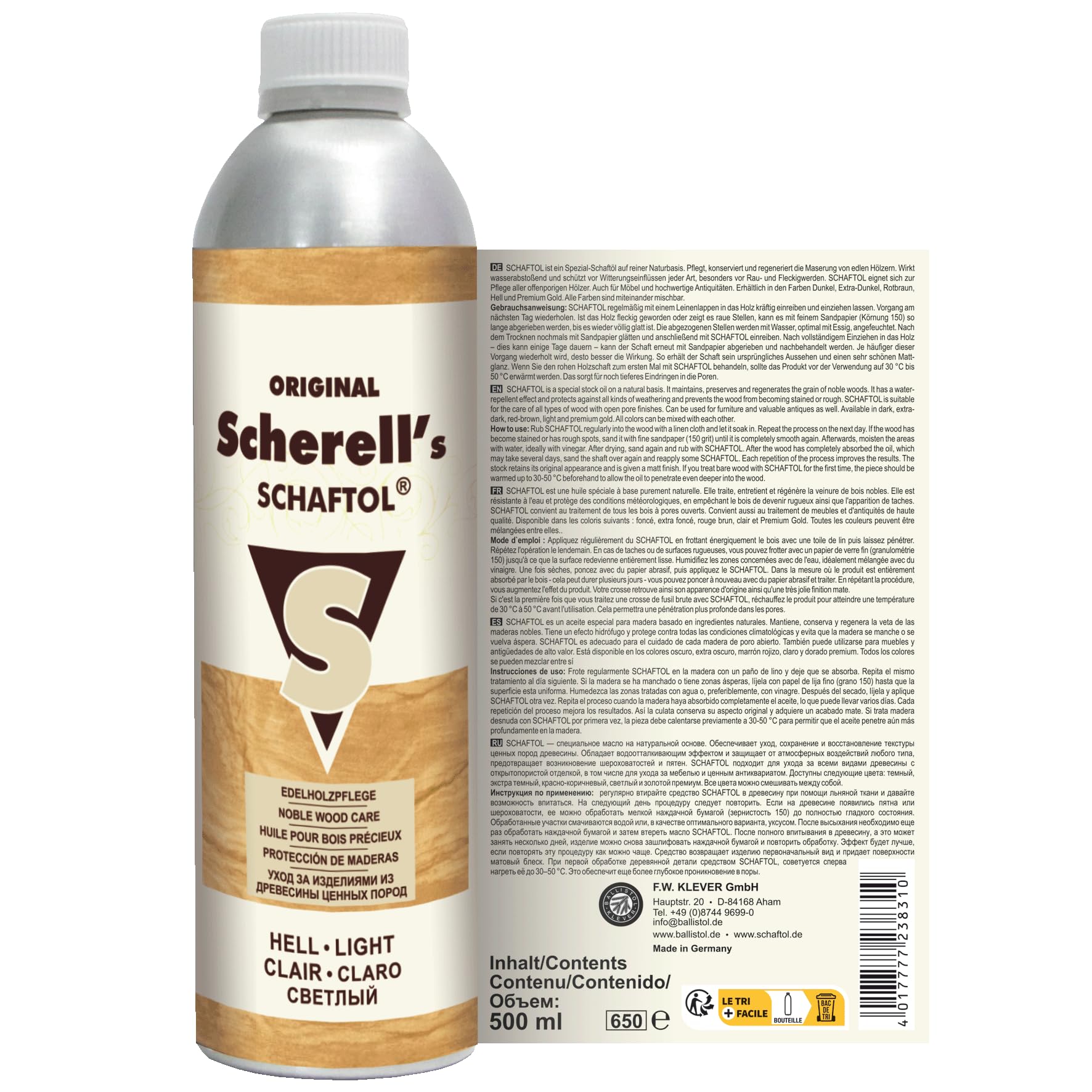 BALLISTOL 23831 Scherell's SCHAFTOL hell, Edelholzpflege, 500 ml Flasche
