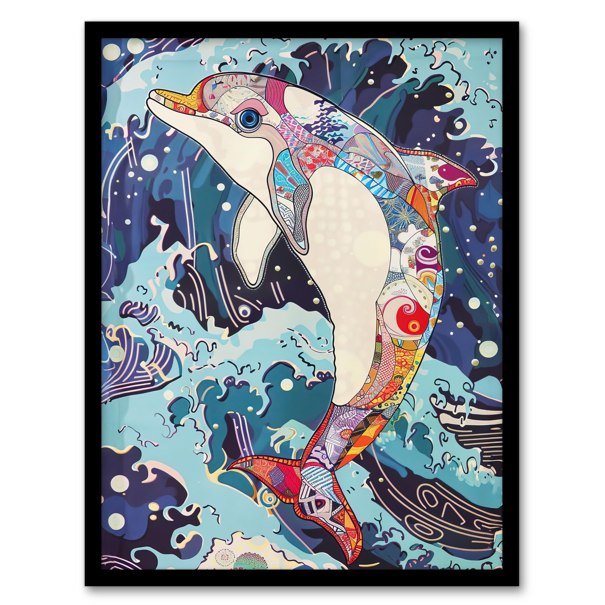 Dolphin Jump Sea Waves Framed Art Print - Colourful Folk Art - Blue - A4 - Artery8