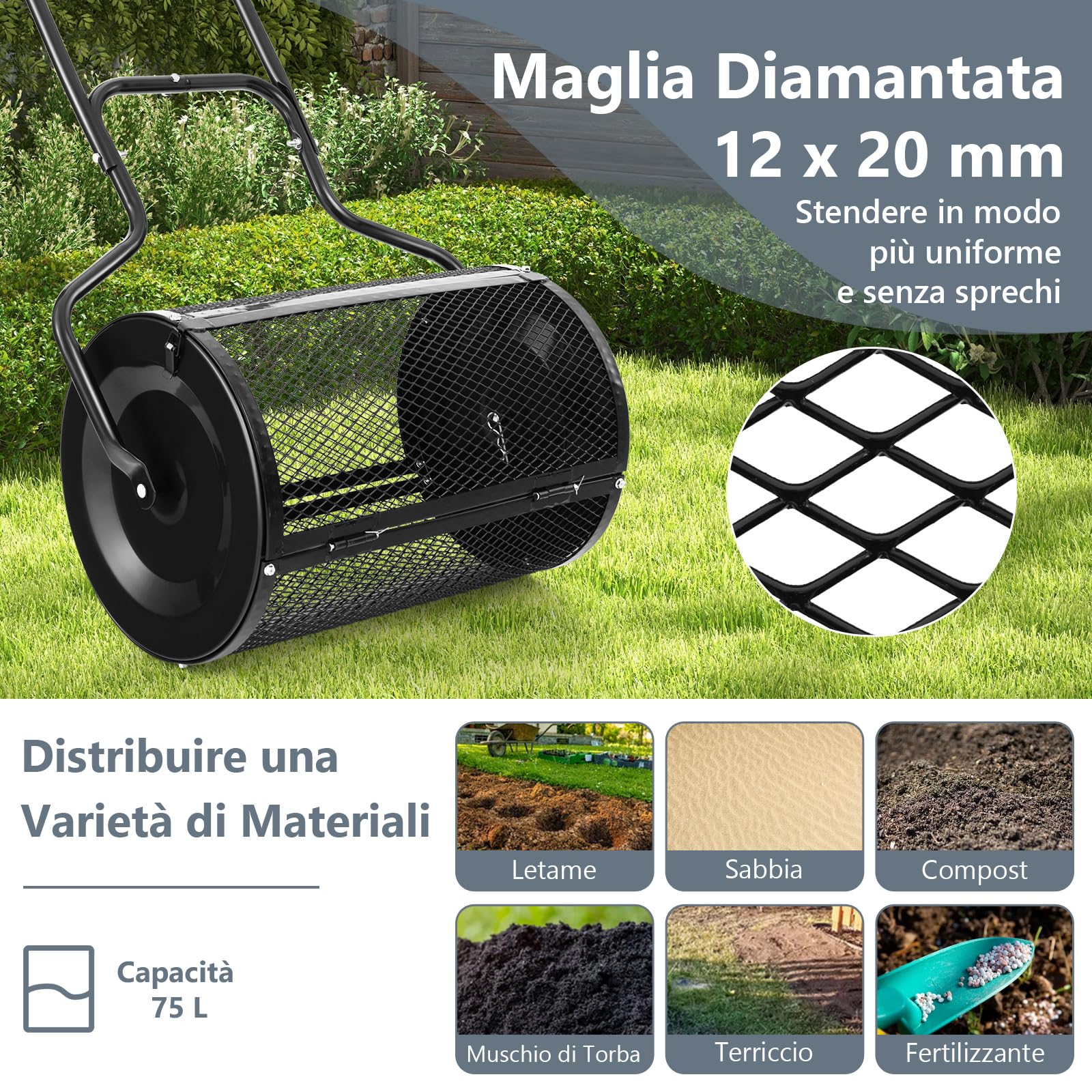 COSTWAY Spandiconcime a Rullo, Rullo da Giardino con Impugnatura Pratica Chiusure Laterali e Rete in Metallo per Concimazione e Semina, Spandiconcime per Prato e Giardino (41 x 60 cm Nero)