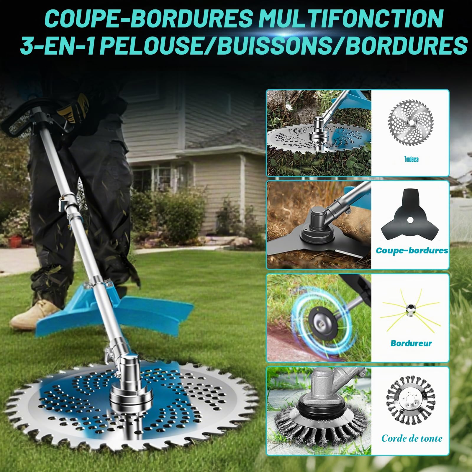 Débroussailleuse sans fil compatible avec les batteries Makita 18 V avec 4 types de lames, moteur sans balais, débroussailleuse électrique de jardin de 25 cm avec brosse à désherber (sans batterie)
