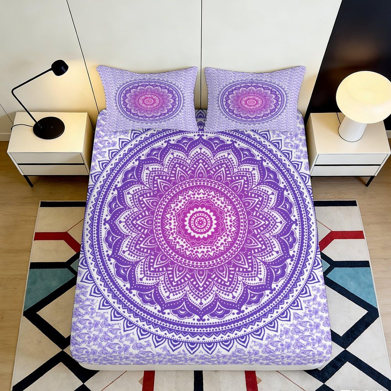 Jqzkxnhpbr Style-7 3D Printed Mandala Purple Fitted Sheet Microfiber Soft Anti-Slip Boho Pattern Mattress Cover Bedroom Decor 90X200x25cm