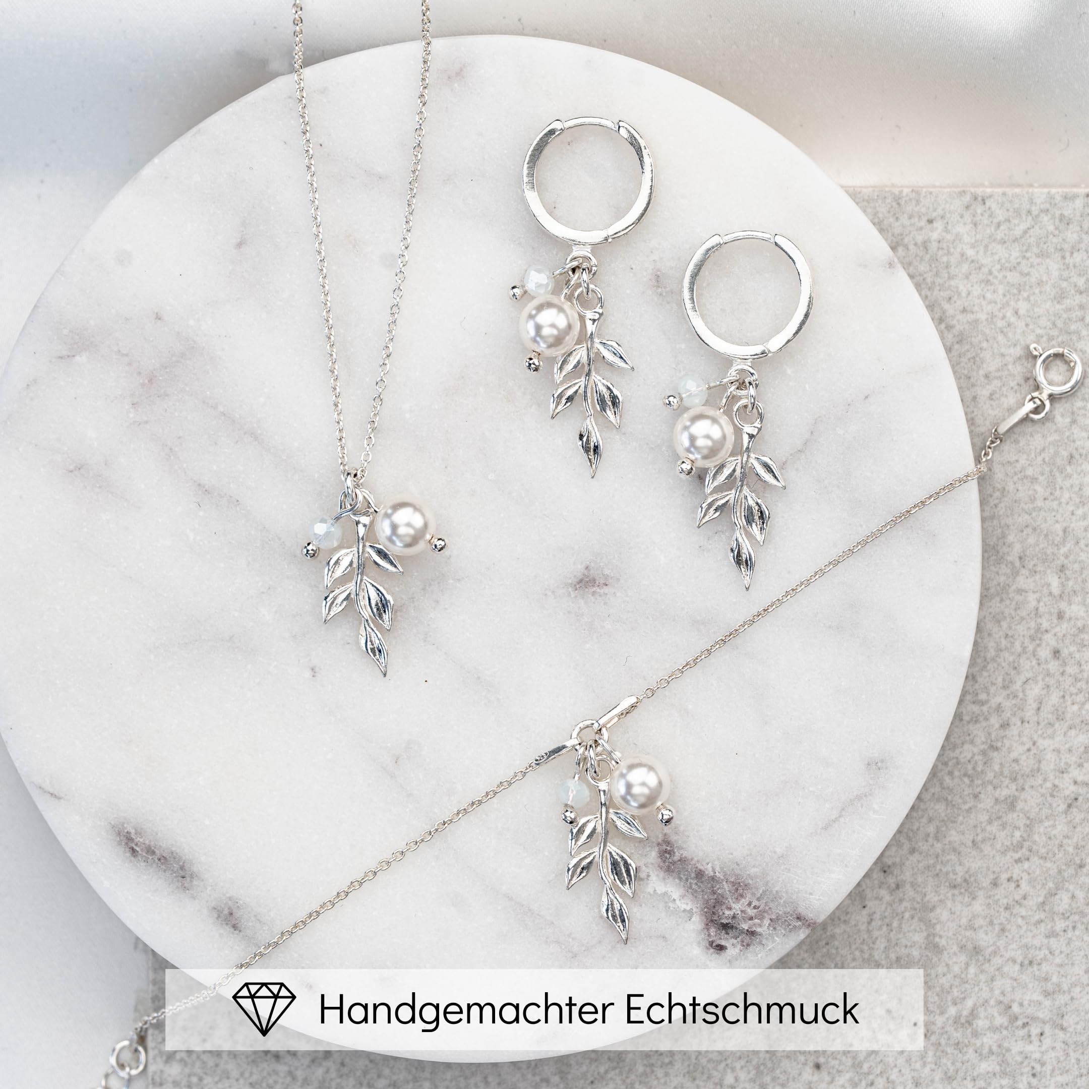 Schmuck mit Perlen Hochzeit – premium 925 Silber Schmuckset & Ohrringe Braut – hochwertiger Brautschmuck Perlen – Damen Schmuck gold Braut – Brautohrringe, Schmuckset Hochzeit Blatt