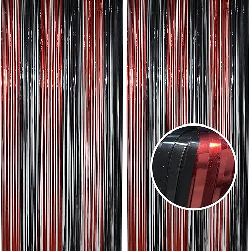 BRAVESHINE Cortinas de fondo de fotos de oropel  2 unidades de 3.2 x 8.2 pies, cortinas de flecos de papel de aluminio negro y rojo para Halloween,