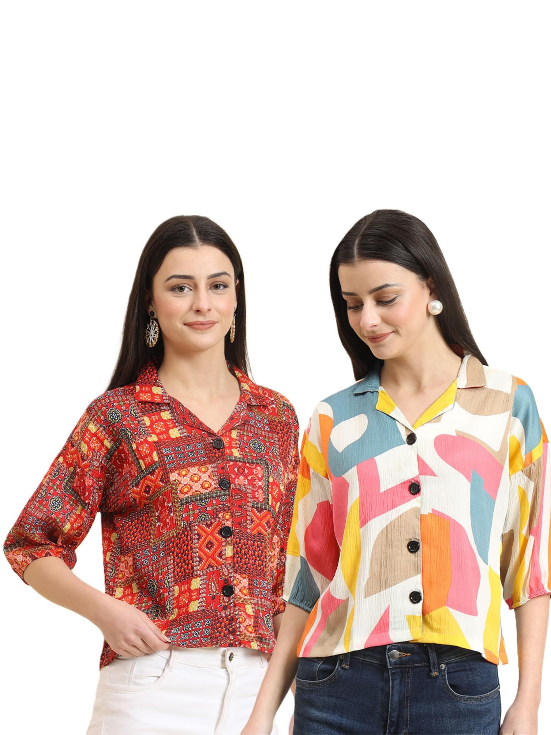 Women’s Cotton Blend Printed Combo (Pack of 2) Shirts – 3/4 Sleeves V Collar Neck-image-0