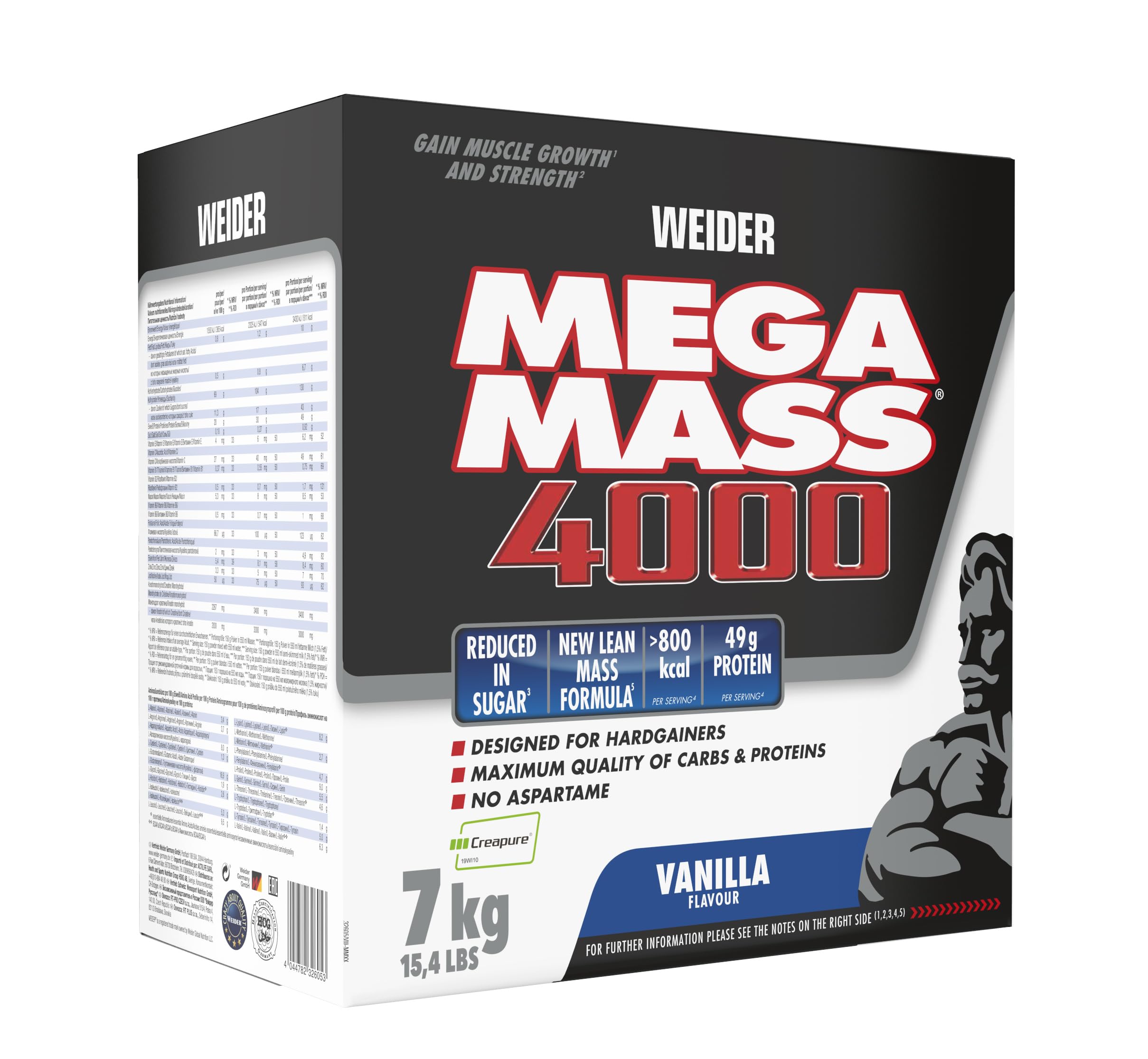 Weider Mega Mass 4000 - Poudre Weight Gainer avec 48g de Protéines & Créatine par Portion - Pour la Construction Musculaire & l'Absorption de Calories Élevées - 7kg - Vanille